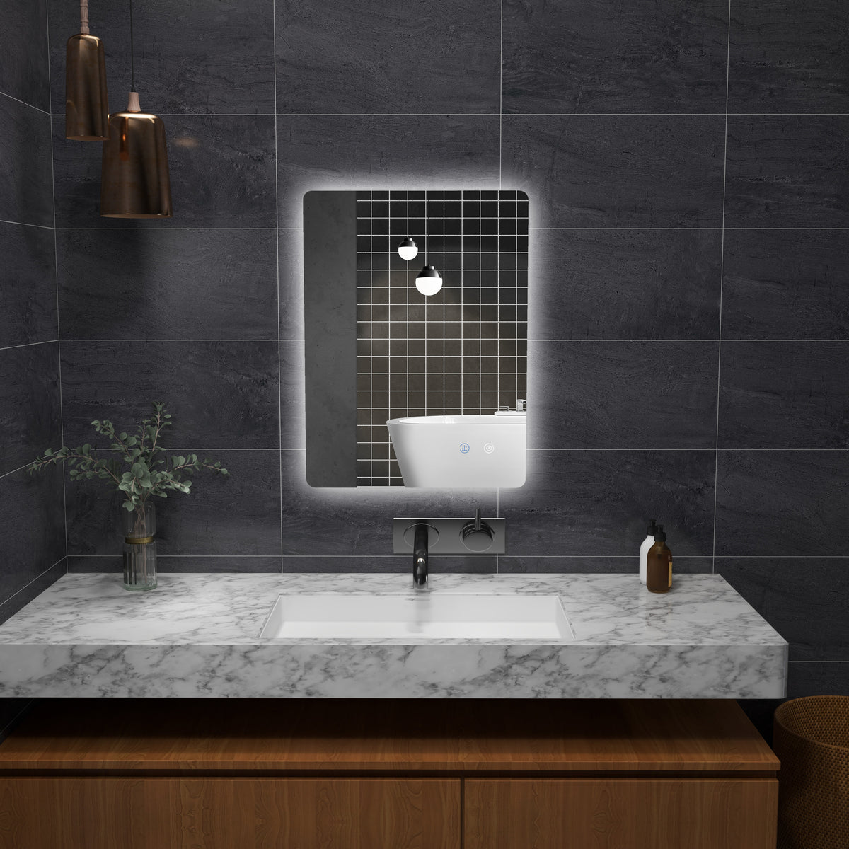 Miroir rectangulaire mural lumineux LED de salle de bain 80 x 60 cm luminosité réglable blanc transparent-9