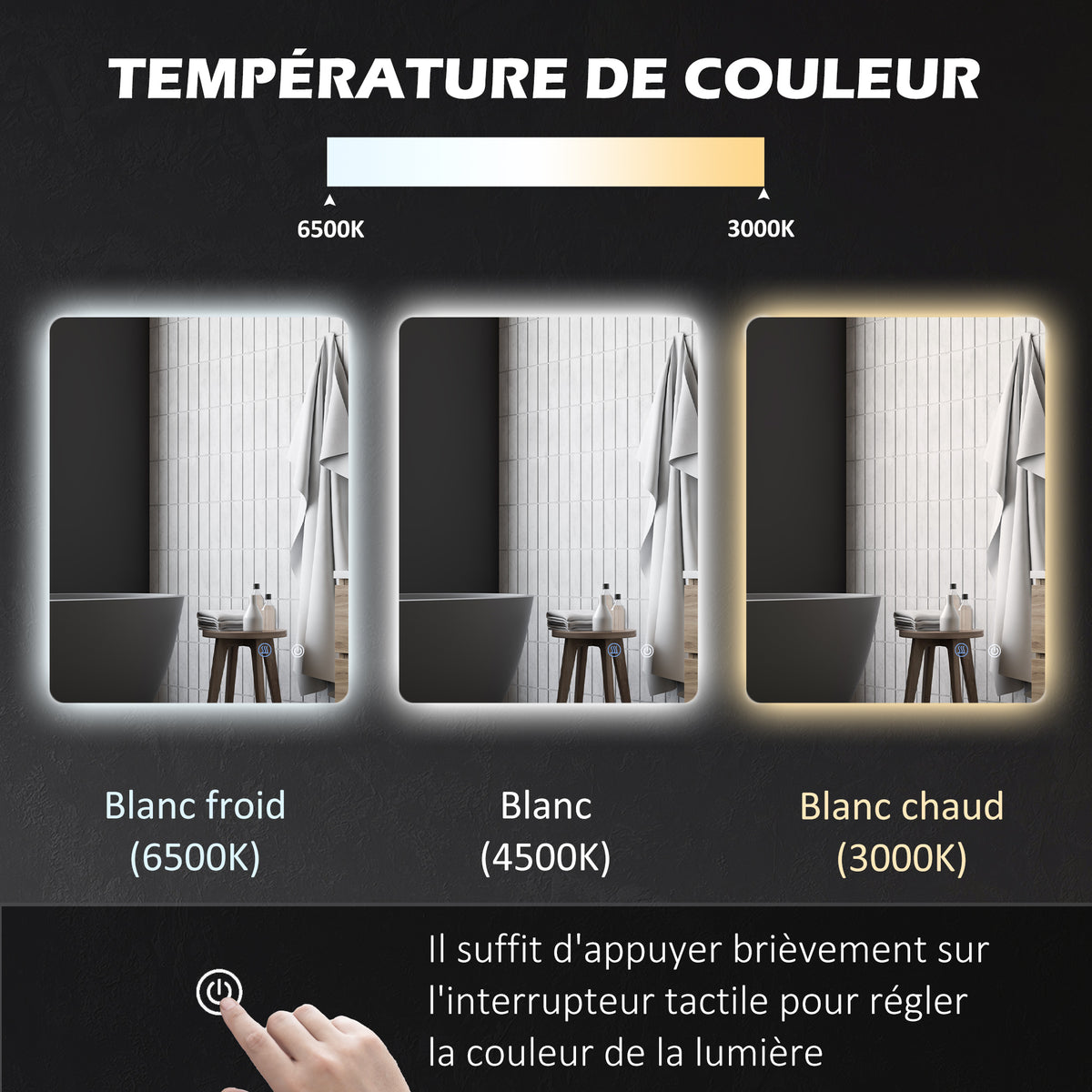 Miroir rectangulaire mural lumineux LED de salle de bain 80 x 60 cm luminosité réglable blanc transparent-5