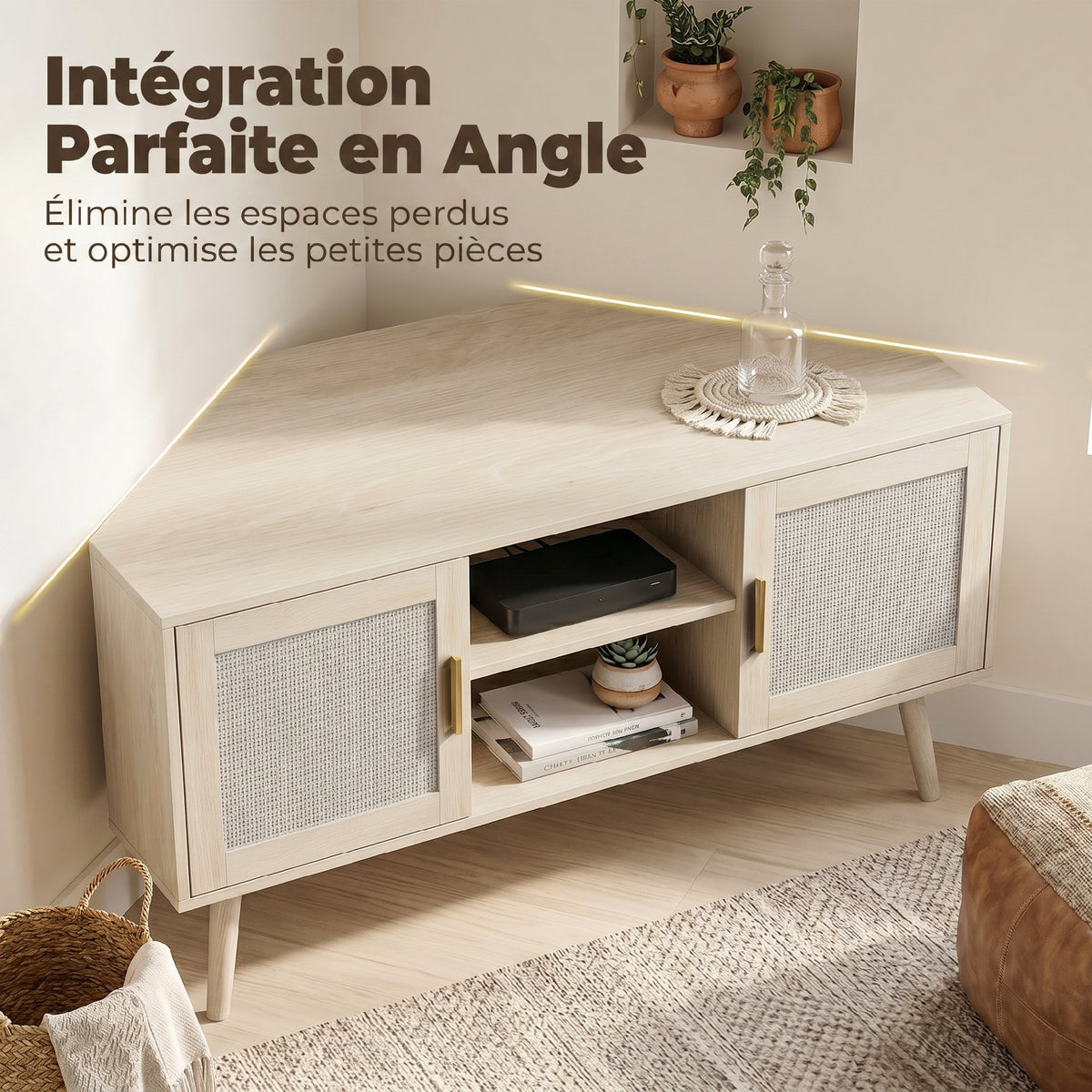 Meuble TV d'Angle 115 cm, Meuble Télé pour Téléviseur jusqu'à 65 Pouces, 2 Portes en Rotin 2 Compartiments, Chêne-3