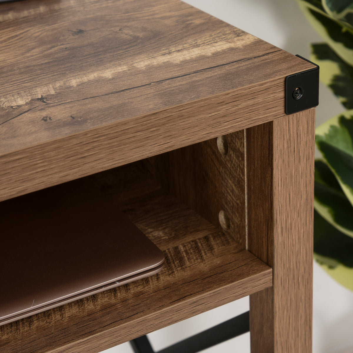 Bureau Design Industriel Grand Plateau 2 niches métal Noir Panneaux Particules Imitation Bois veinage Marron-7