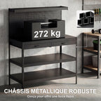 Établi d'Atelier, Charge Max. 272 kg, 122x61x156 cm, Panneau Perforé, 2 Tiroirs et 2 Étagères Réglables, Noir-4