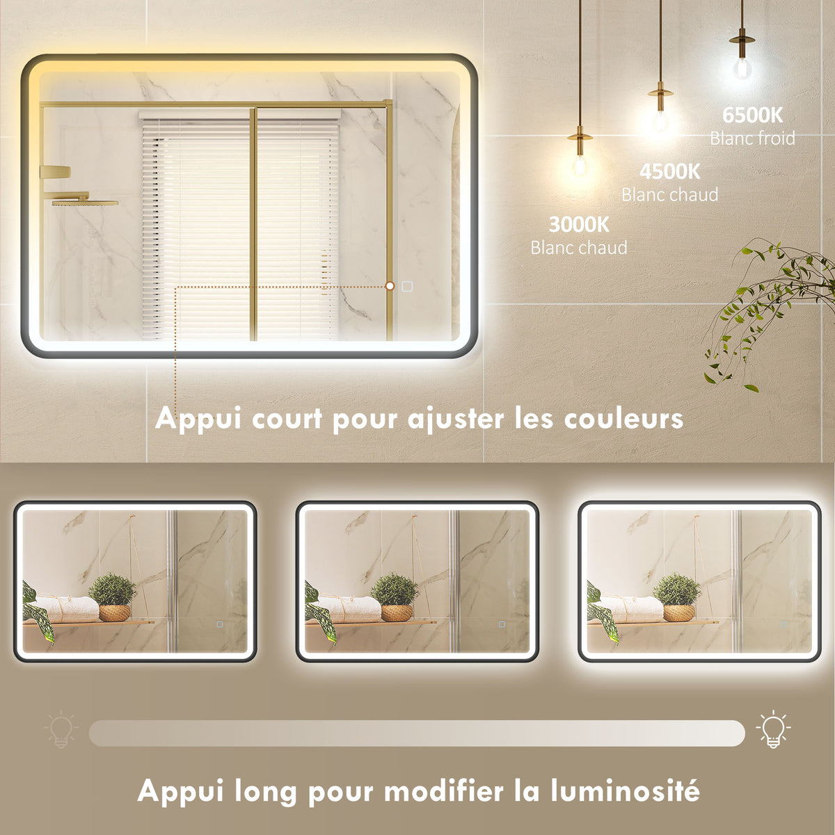 Miroir salle de bain avec éclairage 90 x 60 cm, miroir LED mural, anti-buée, 3 couleurs lumière, dimmable, noir-4