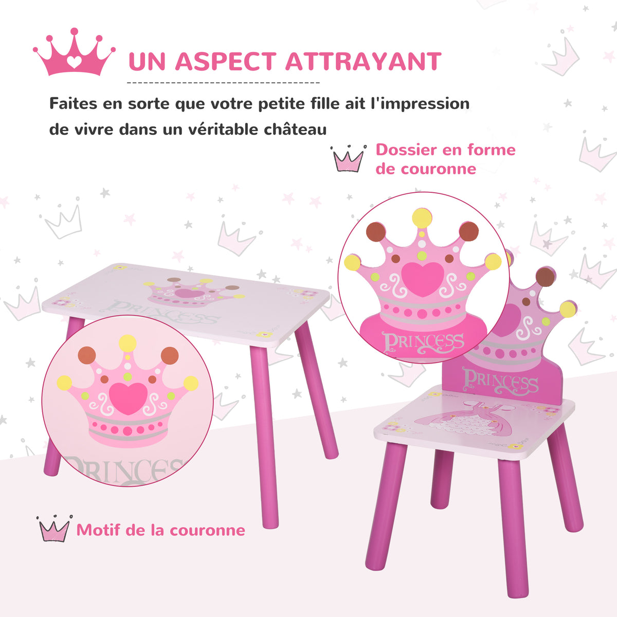 Ensemble table et 2 chaises enfant 3 pièces, pieds en bois massif, table avec chaise motif couronne, pour filles et garçons de 2 à 4 ans, rose-6