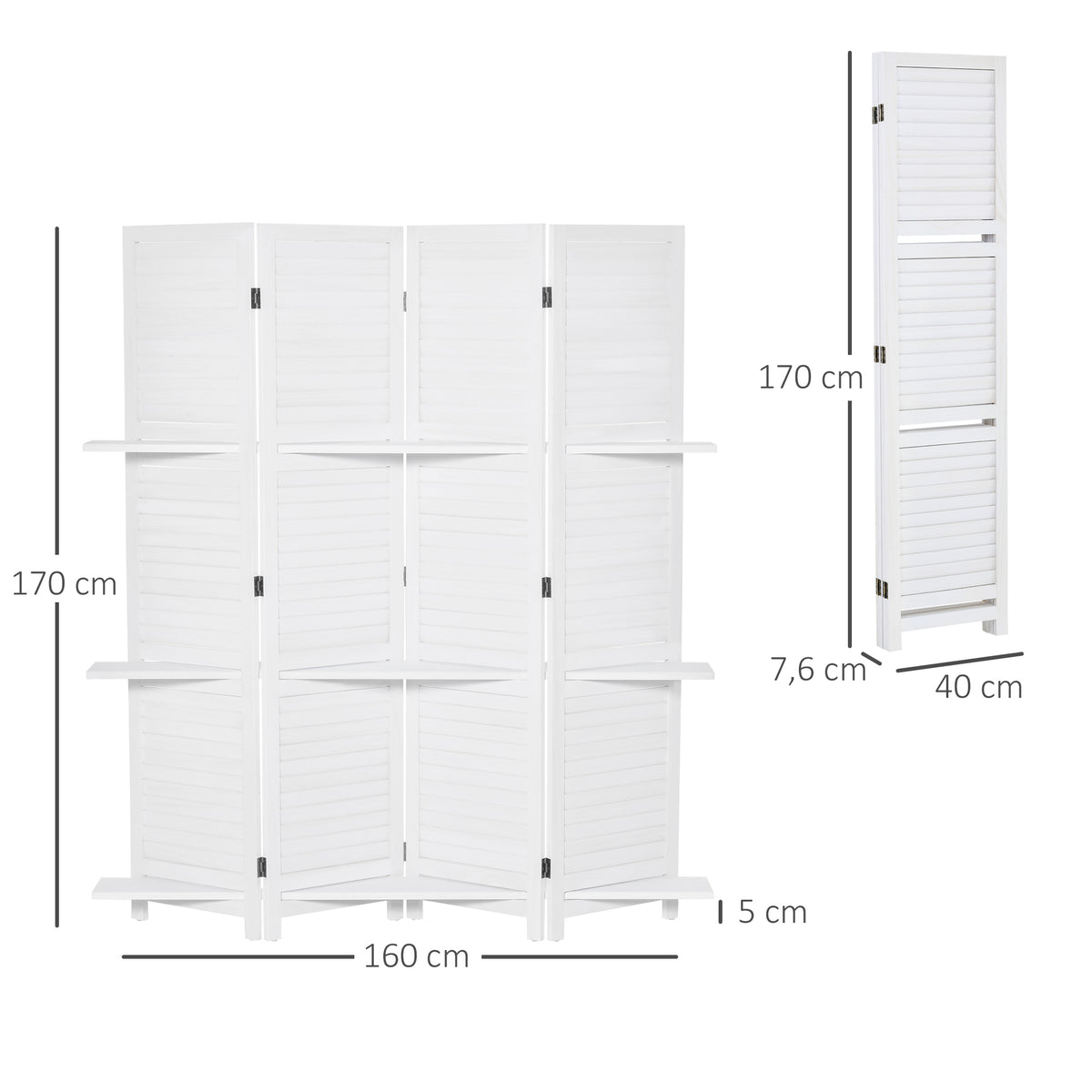 Paravent Intérieur en Bois 4 Panneaux 160 x 170 cm, Séparateur de Pièce Pliable avec 3 Étagères, Cloison de Séparation pour Salon, Chambre à Coucher, Maison, Blanc-2