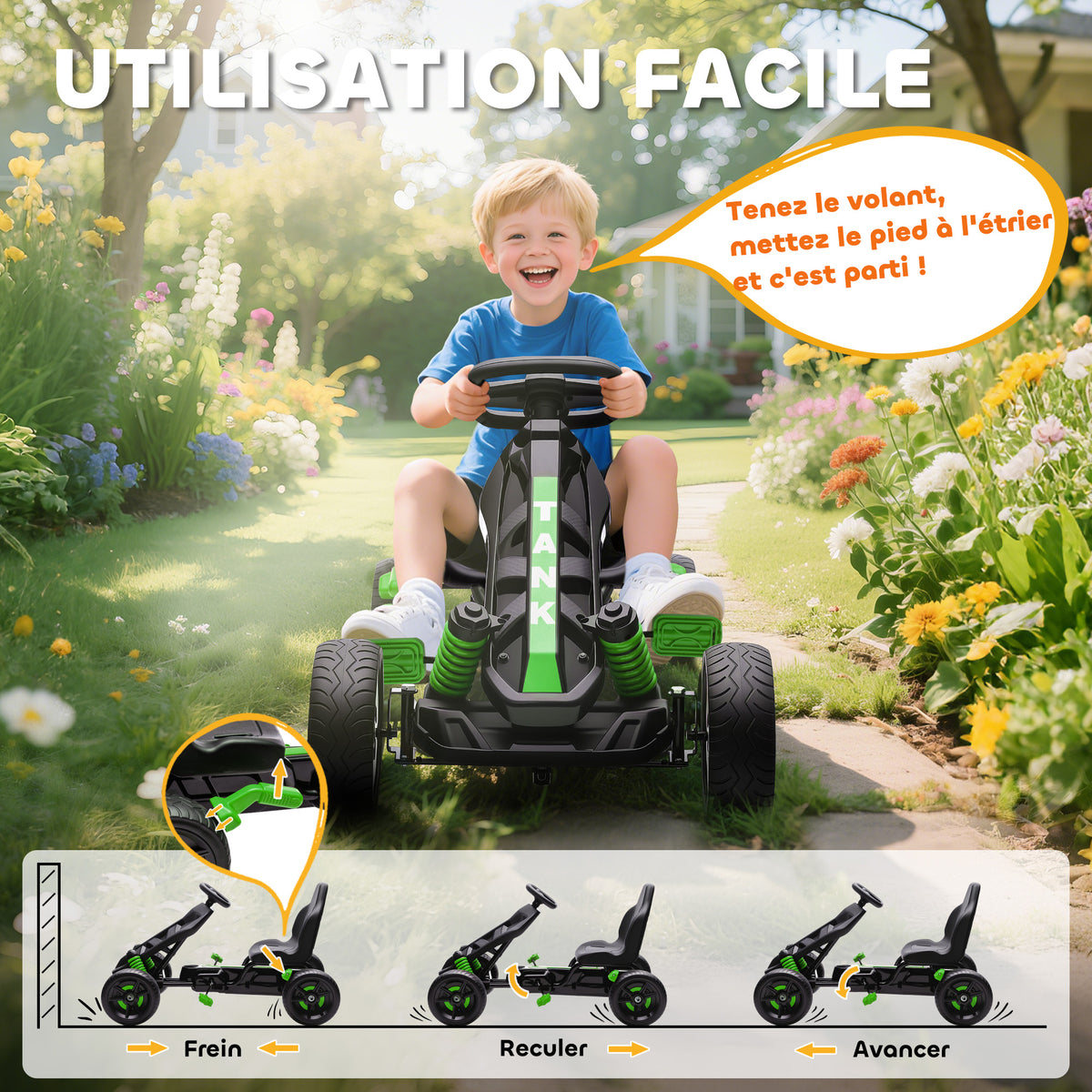 Kart à pédales pour enfants, karting enfant 3 à 6 ans avec roue libre, frein, roues EVA antidérapantes, vert-4