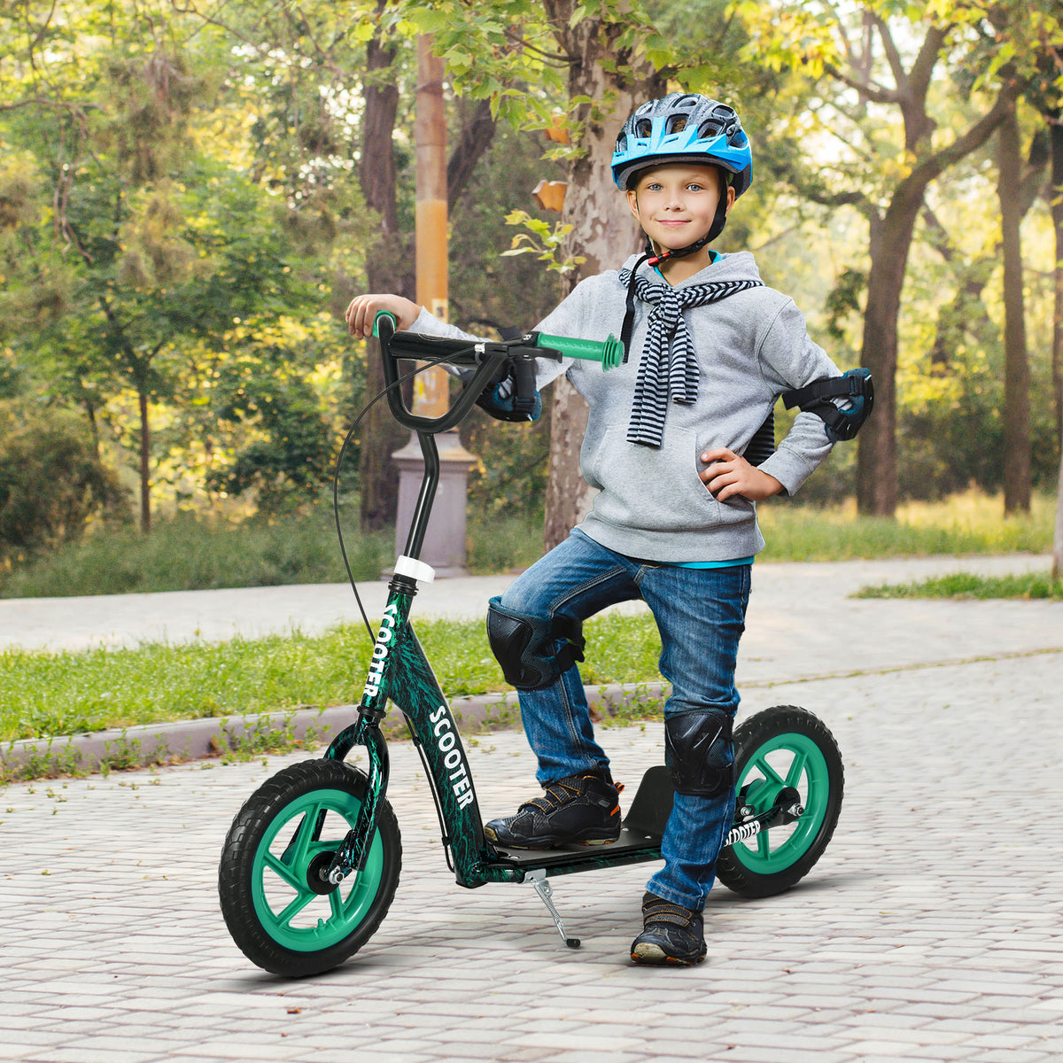 Trottinette patinette scooter enfant grandes roues de 6 à 12 ans hauteur réglable frein arrière béquille vert-1