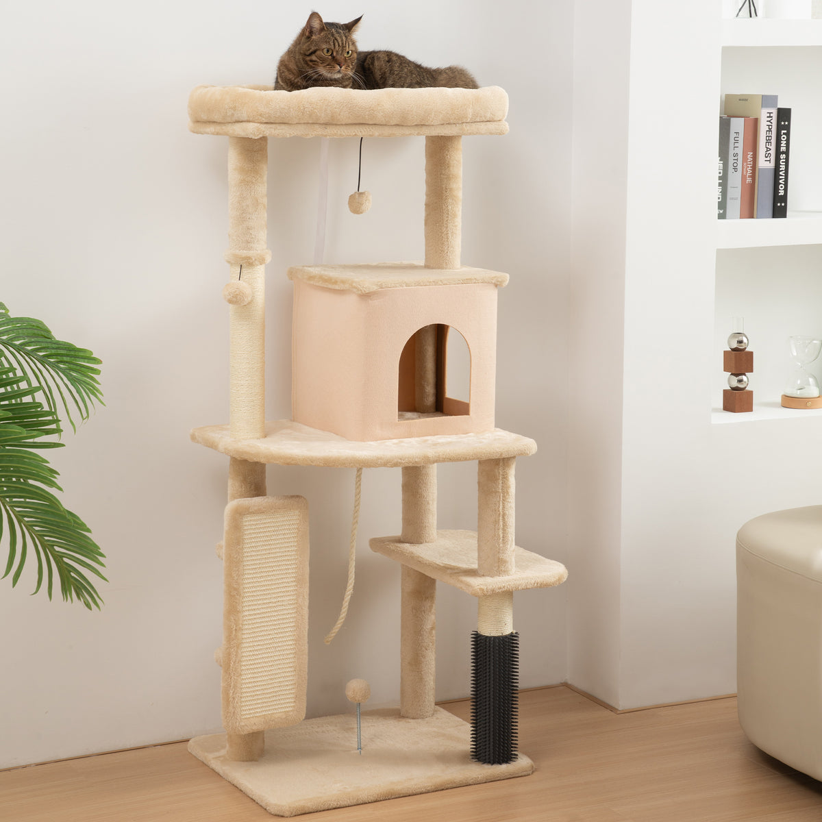 Arbre à chat, tour de jeux, hauteur de 132 cm, avec lit, maison, brosse de toilettage, 55 x 44 x 132 cm, beige-1