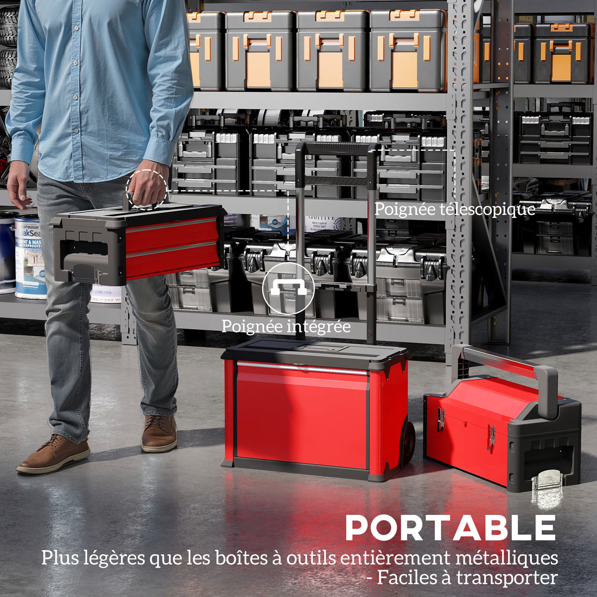 Lot de 3 boîtes à outils sur roulettes empilables et modulaires en acier avec plateau, poignées et serrure, rouge-5