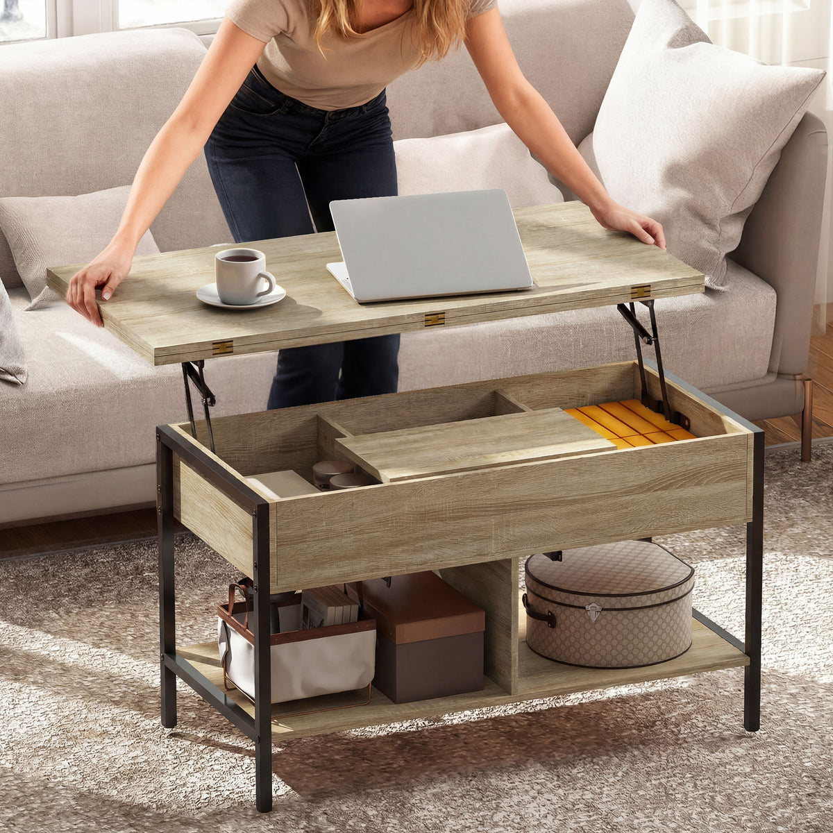 Table basse relevable et extensible, table de salon avec compartiment caché étagères ouvertes, 98x49x55cm, bois naturel-6