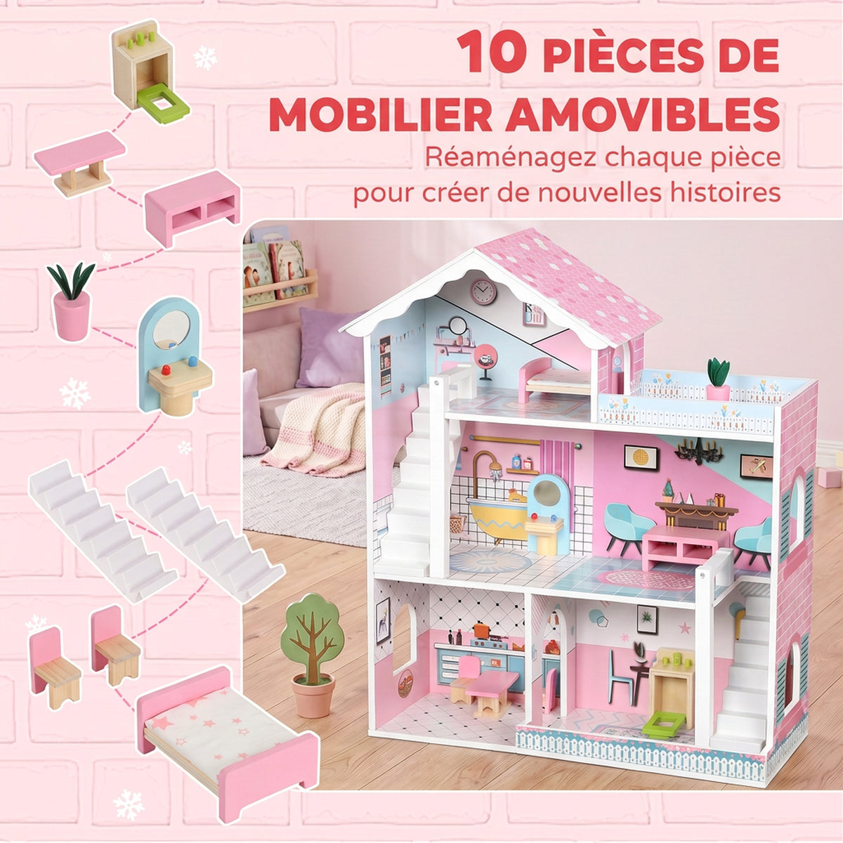 Maison de Poupée en Bois pour Enfants, Maison de Rêve Filles à 3 Étages avec Balcon, Escaliers et 10 Accessoires, Rose-4