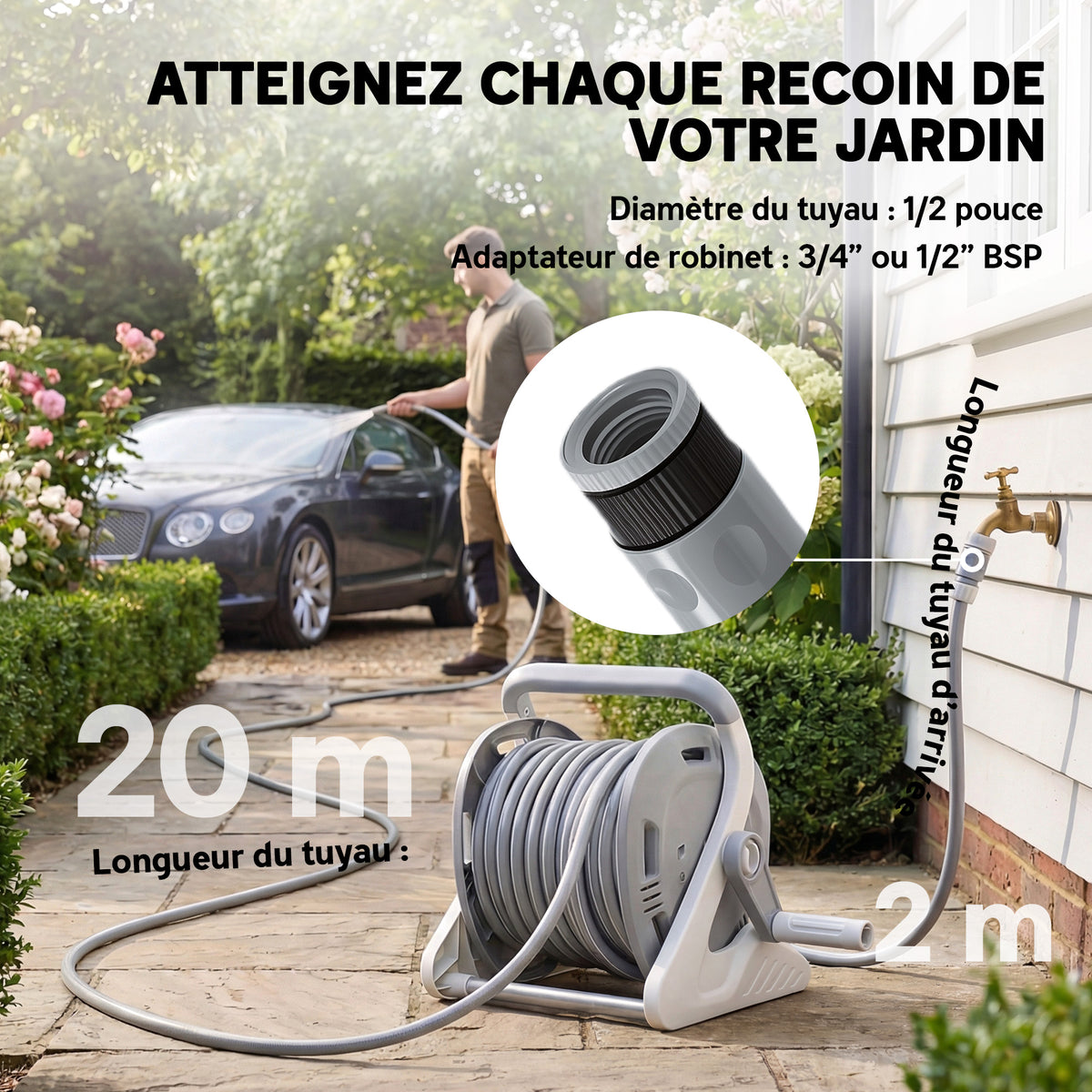Enrouleur Tuyau Arrosage Mural 20+2 m x Ø 15 mm, Dévidoir de Tuyaux d'Eau Portable, Buse à 2 Modes, Gris-4
