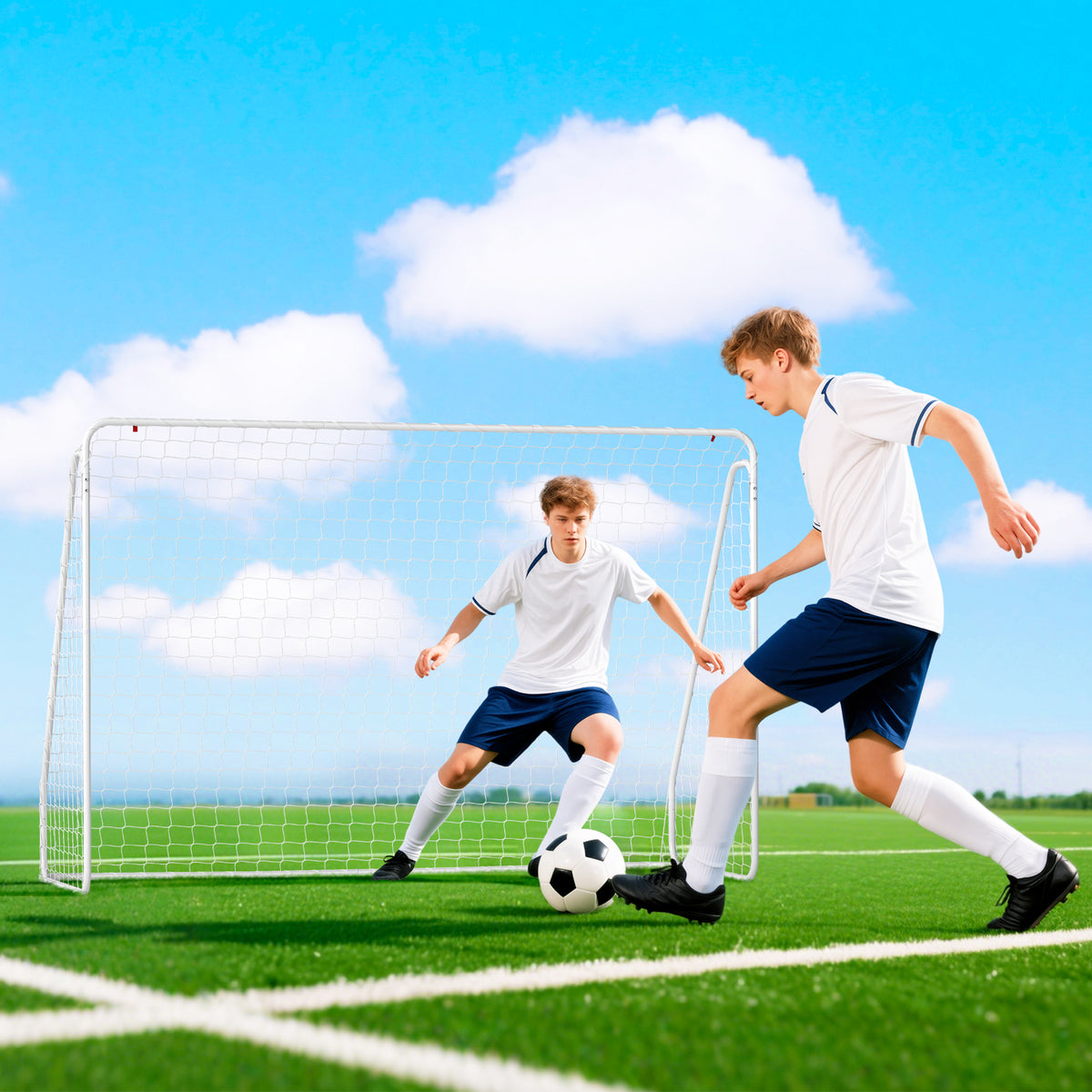 But de football - cage de foot - but d'entrainement dim. 301L x 120l x 200H cm - châssis métal époxy filet PE - piquets inclus - blanc-1
