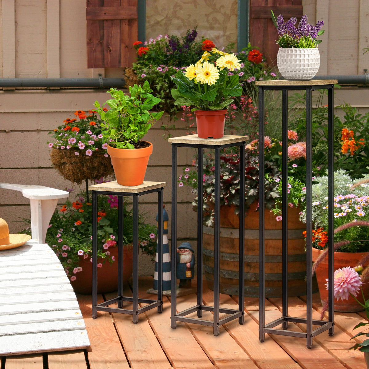 Lot de 3 supports pot de fleurs porte-plantes carrées empilables - 21 x 21 x 50/70/90 cm - acier-1