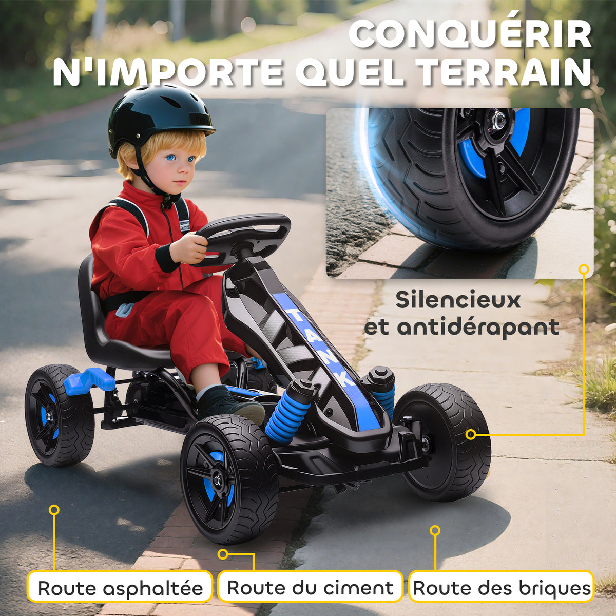 Kart à pédales pour enfants, karting enfant 3 à 6 ans avec roue libre, frein, roues EVA antidérapantes, bleu-5