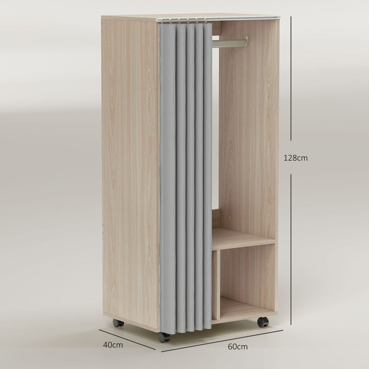Armoire penderie armoire de rangement mobile avec rideau, tringle de suspension, 60 x 40 x 128 cm, effet bois naturel-2