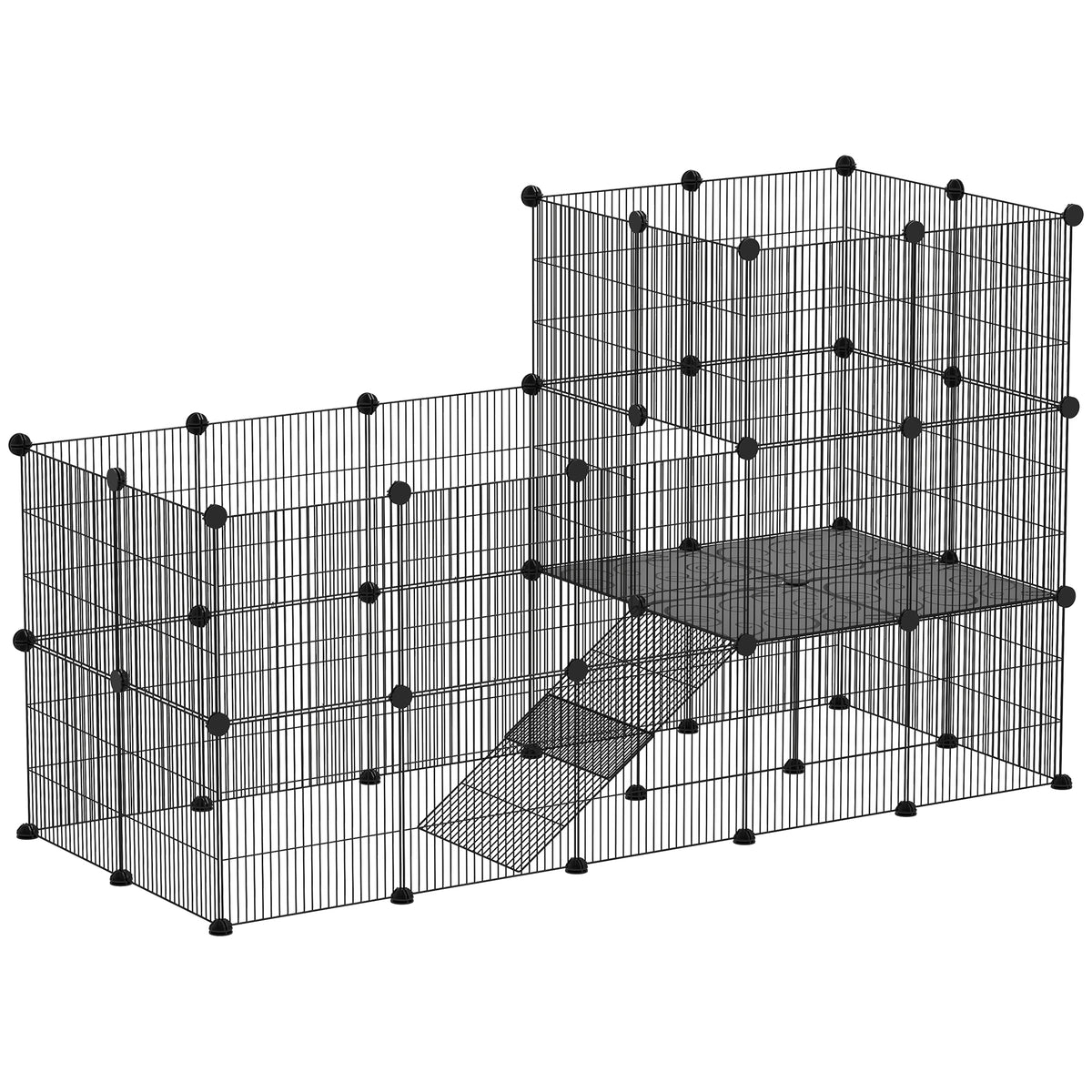 Enclos pour petits animaux, cage à lapin modulable 2 niveaux, 39 panneaux avec rampe, en acier, 140 x 70 x 105 cm, noir-0