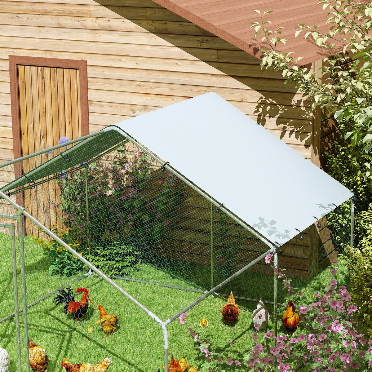 Poulailler, grand poulailler en métal avec couverture imperméable et anti-UV, cage pour 10-15 poules, 3 x 3,4 x 1,9m-8