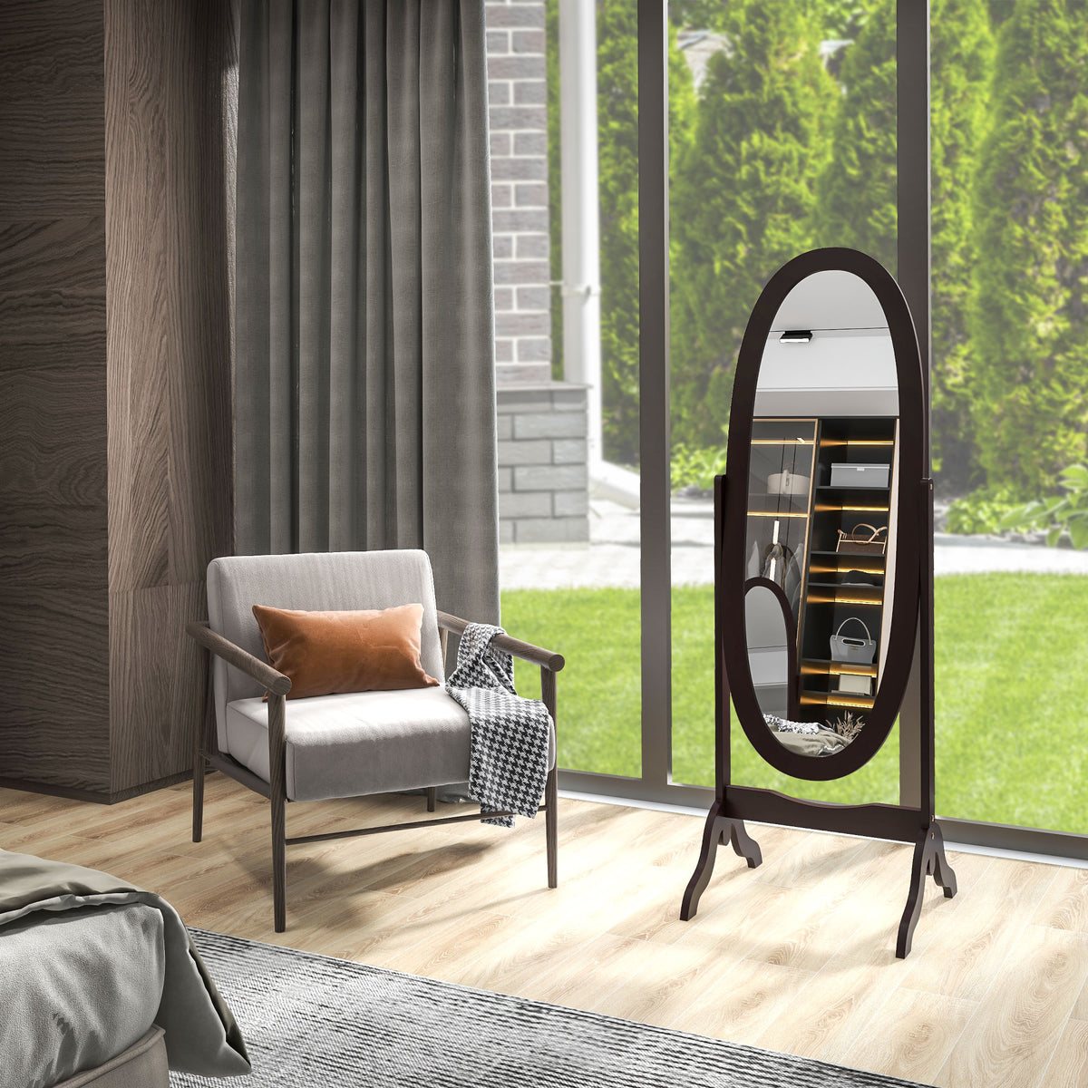 Miroir à pied ovale style shabby chic inclinaison réglable 48 x 46 x 147 cm mdf café-6