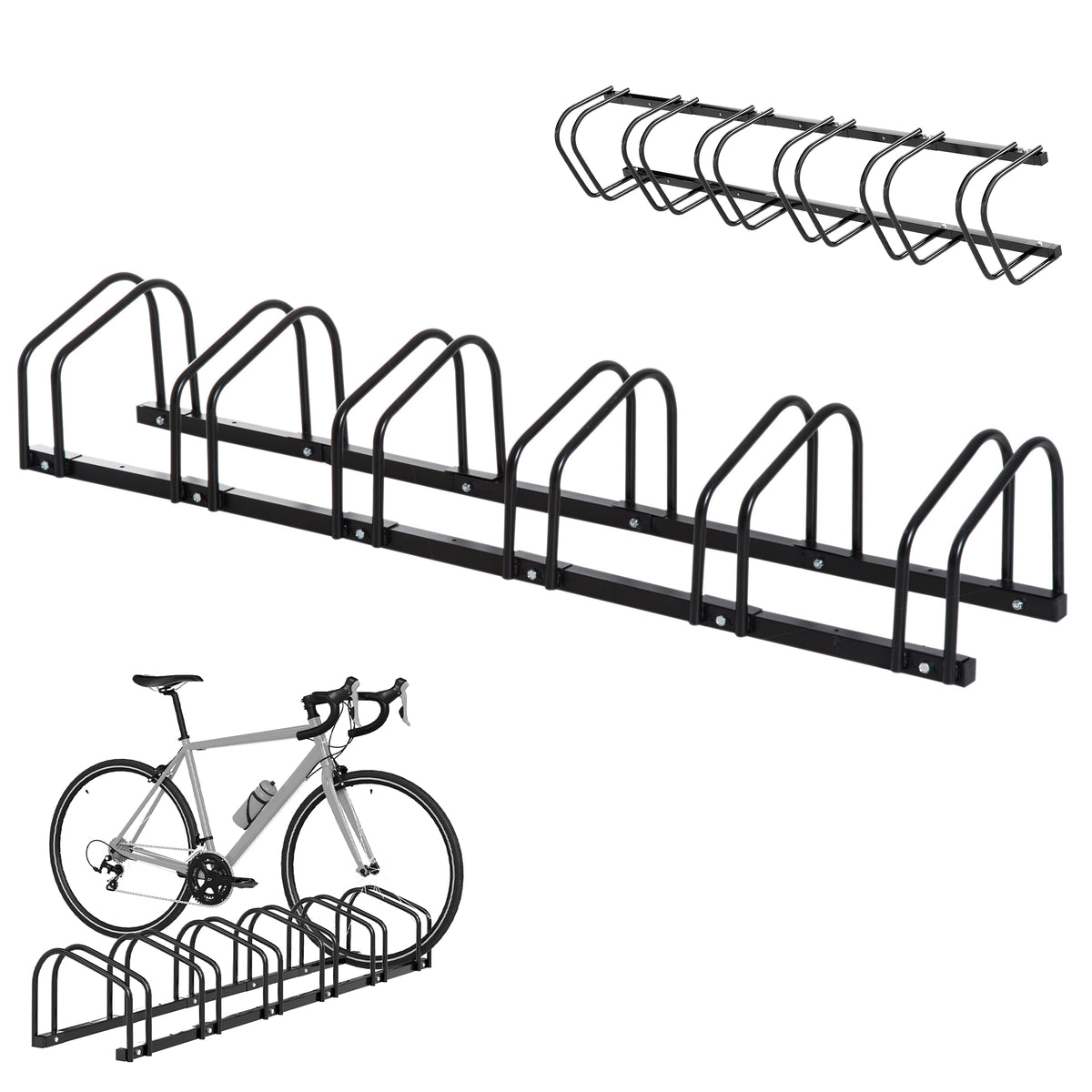 Râtelier 6 vélos range-vélos support de rangement pneu 65 mm sol ou mural pour VTT enfants BMX 179 x 33 x 27 cm acier noir-0