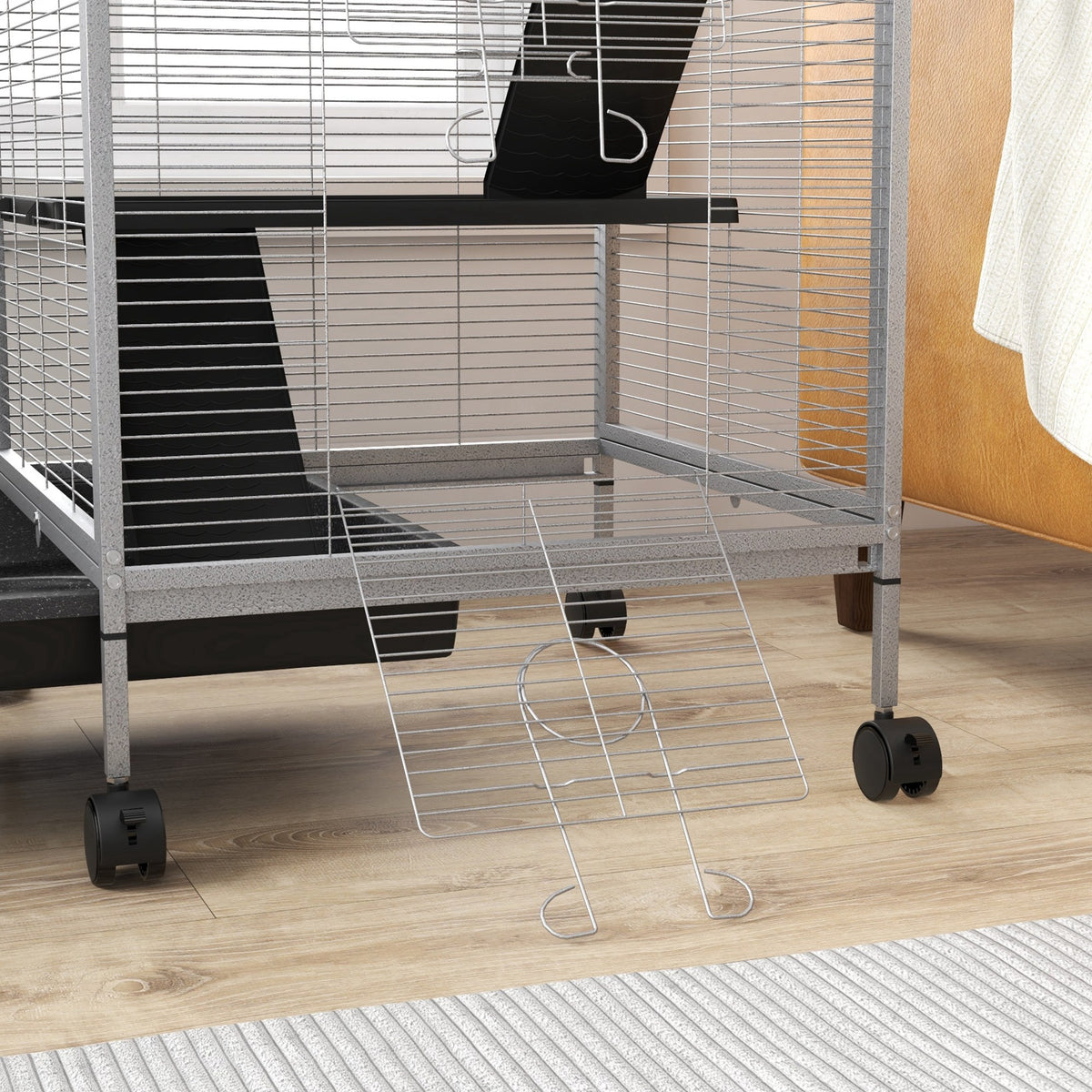 Cage pour Petits Animaux Portable à 4 Niveaux avec Roulettes, 2 Portes, 3 Rampes, Hamac et Plateau Amovible-7