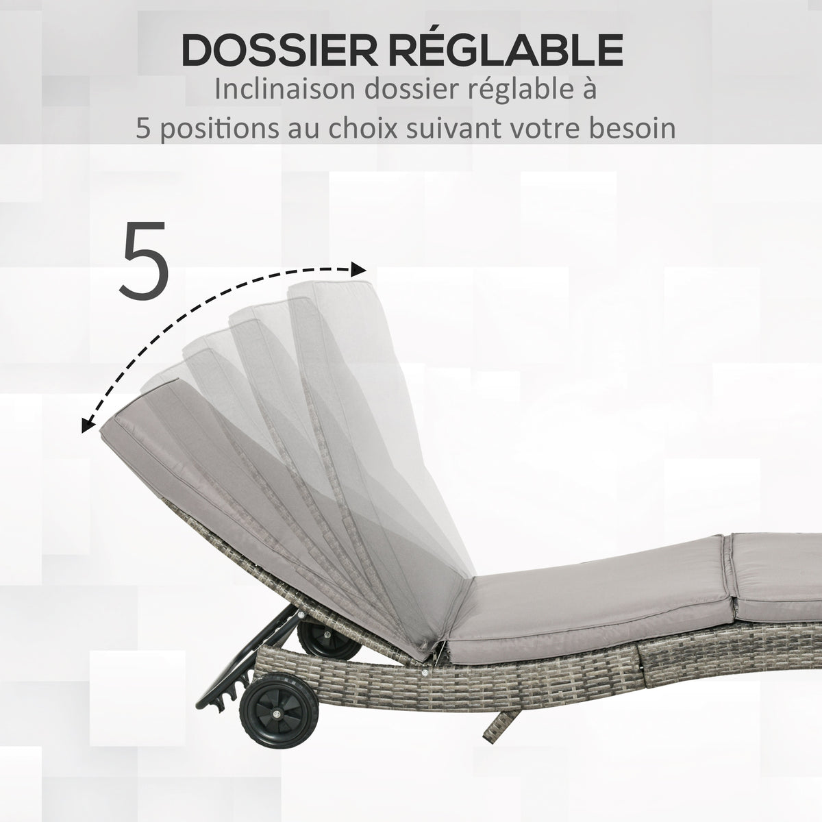 Bain de soleil transat - dossier inclinable 5 positions roulettes - matelas déhoussable inclus - résine-4