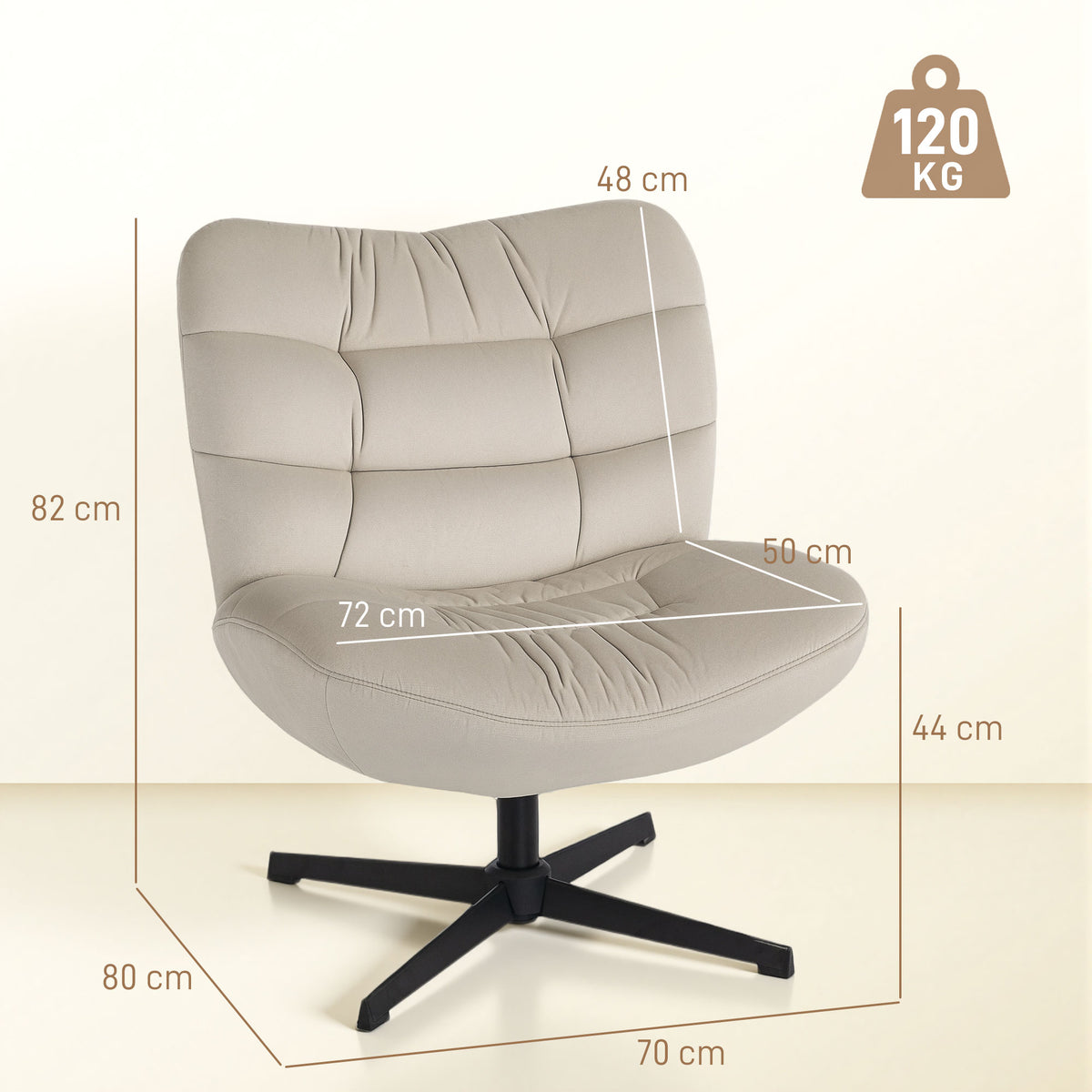 Fauteuil de salon pivotant, chaise rembourrée en chenille sans accoudoirs, assise et dossier larges, 70x80x82cm, crème-2
