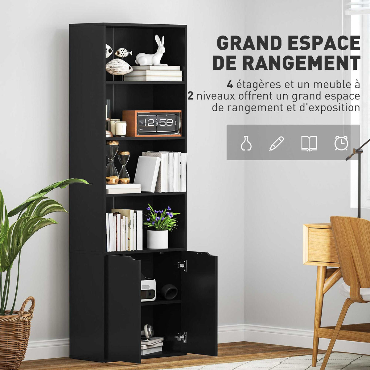 Bibliothèque Armoire à livres avec 4 compartiments ouverts et 2 portes pour le salon et le bureau 59x29x180 cm Noir-3