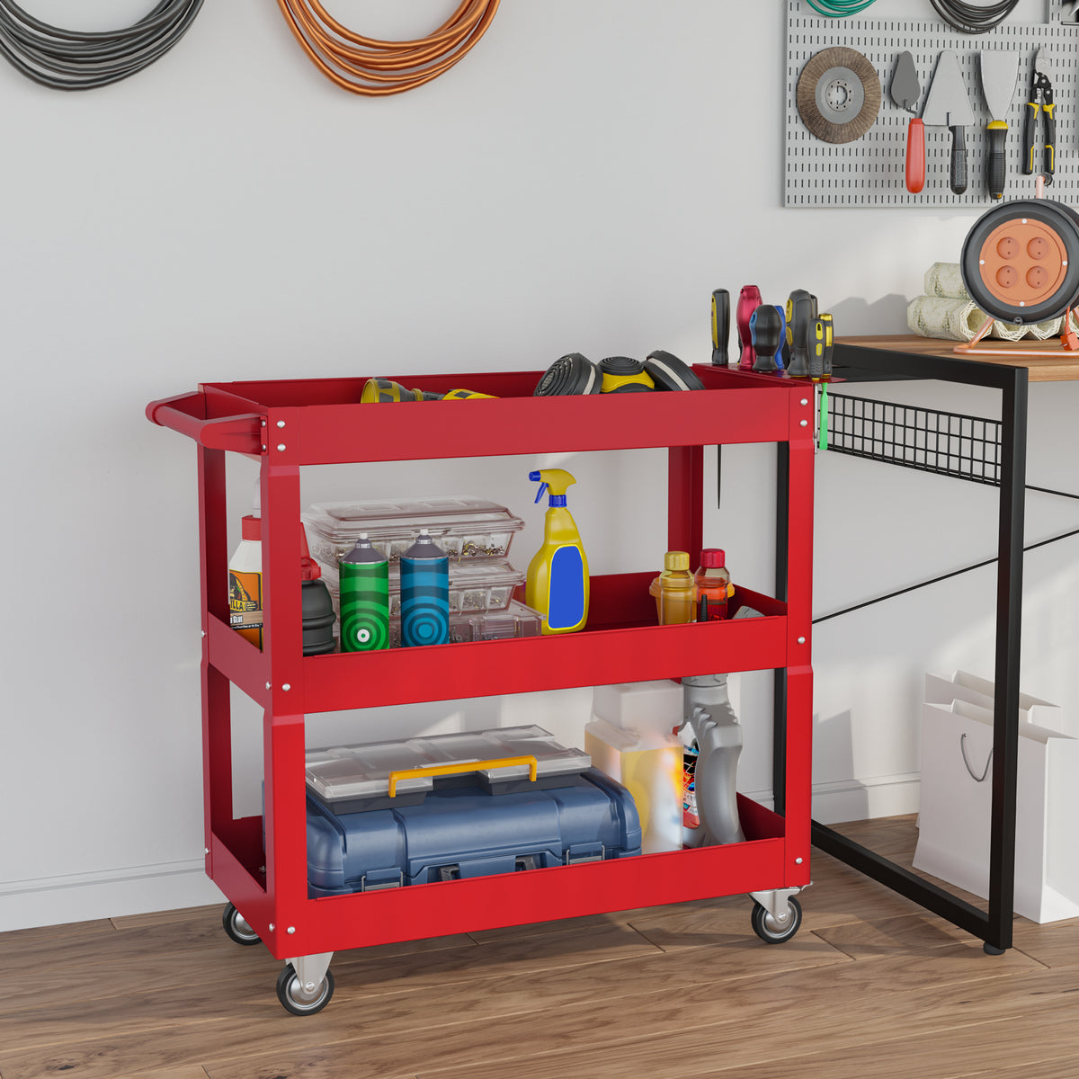 Chariot desserte d'atelier acier 3 plateaux sur roulettes avec poignée charge max. 150 kg 83 x 35,3 x 76 cm acier rouge-1