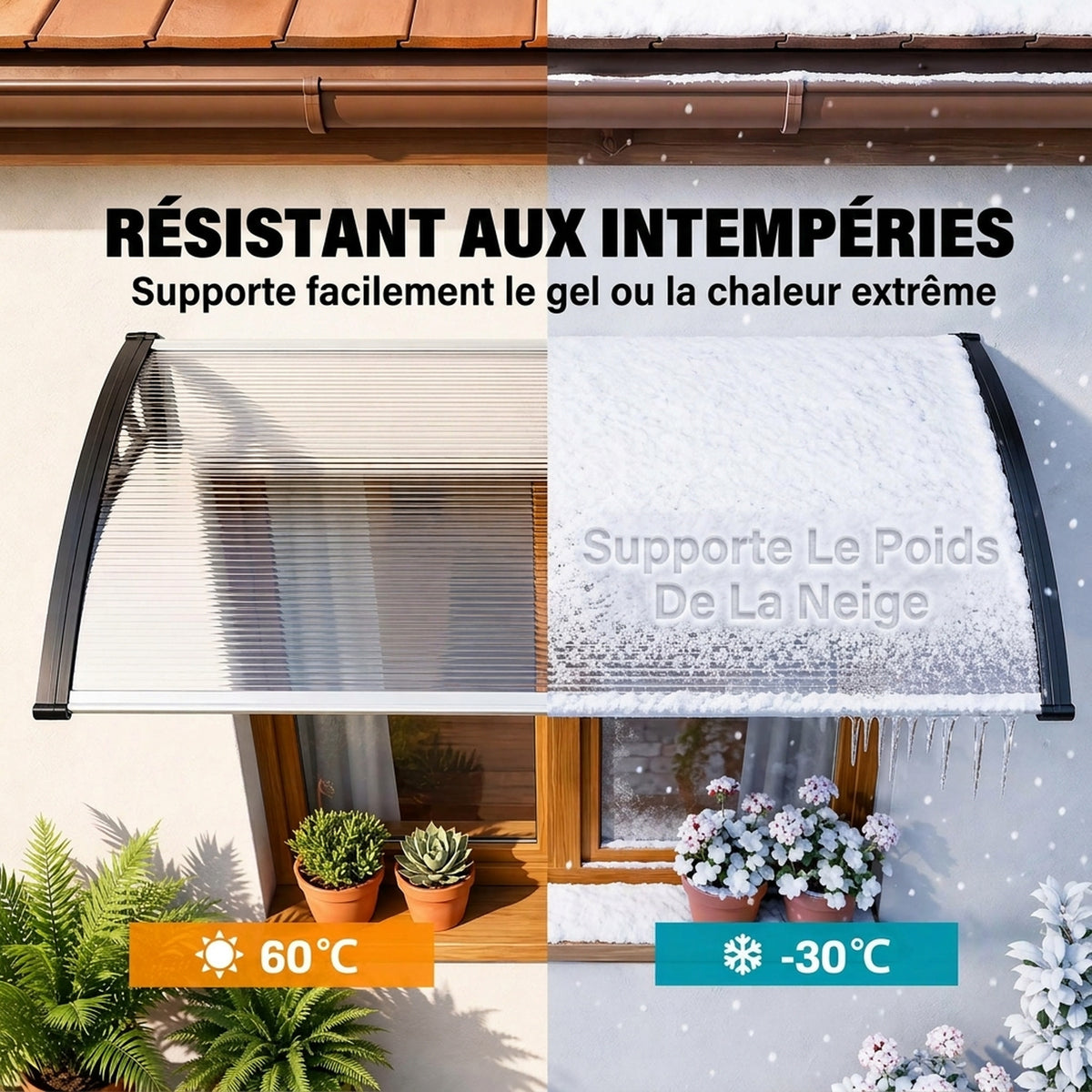 Auvent de Porte d'Entrée, Toit Marquise de Porte Extérieur en Polycarbonate et Profil Aluminium, 110x60cm, Transparent-5