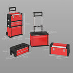 Lot de 3 boîtes à outils sur roulettes empilables et modulaires en acier avec plateau, poignées et serrure, rouge-2