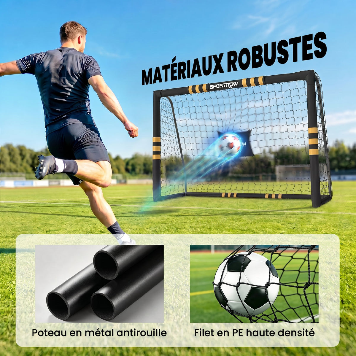 But de Football avec Mousse de Protection, 6 Piquets de Sol et Filet en PE, 240x85x160cm, Jaune-3