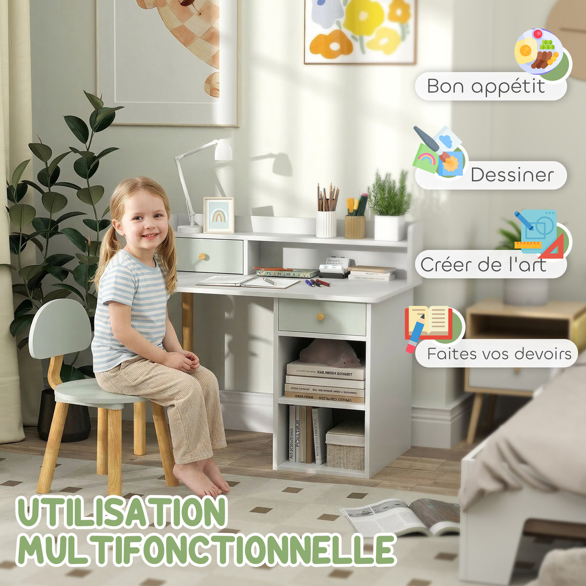 Bureau enfant avec chaise, table enfant et chaise avec 2 tiroirs et étagères ouvertes, 85 x 48 x 73 cm, vert-3