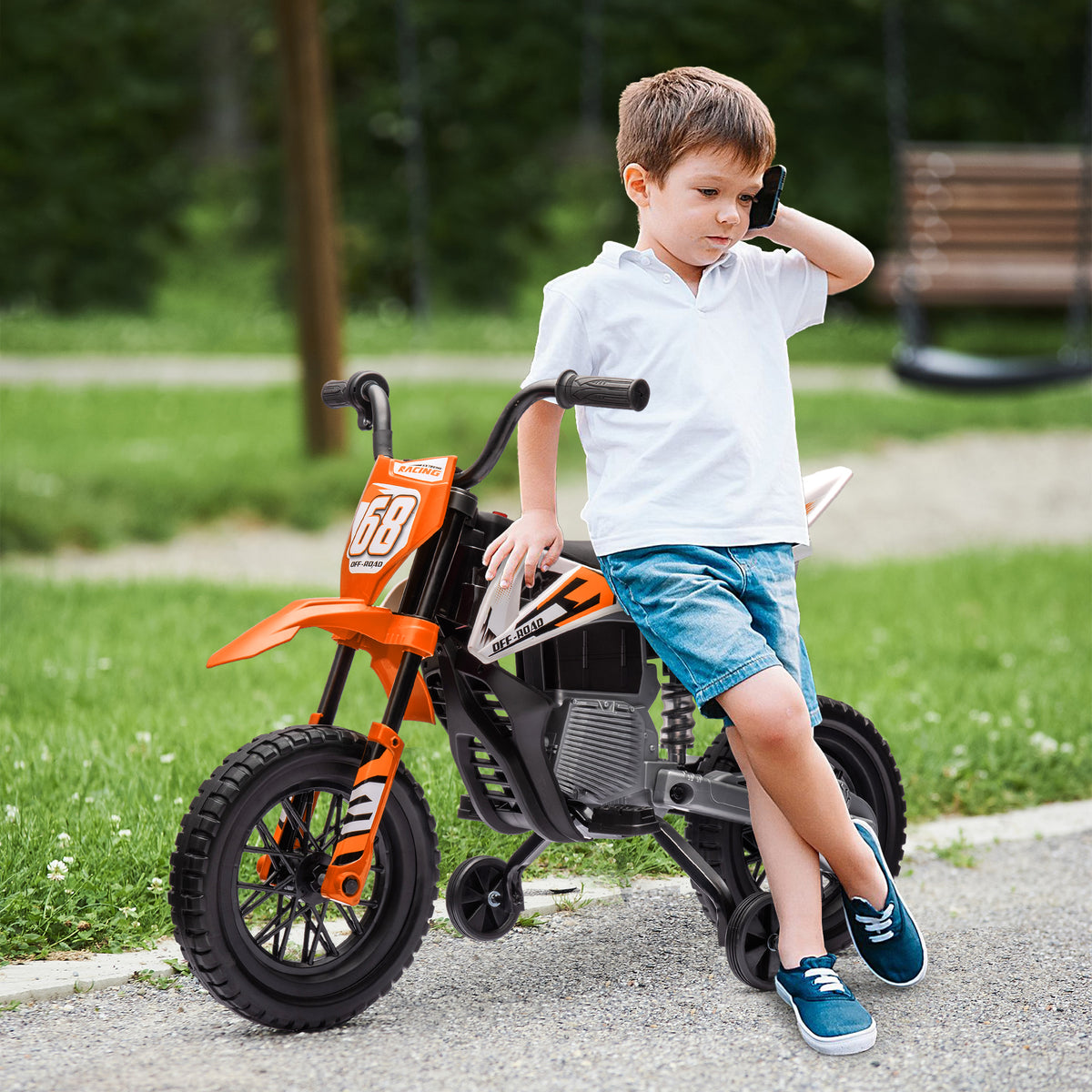 Moto électrique pour enfant moto cross pour enfants de 3 à 6 ans 2 moteurs 12V vitesse 5 km/h 109,5x60x72,5cm orange-9