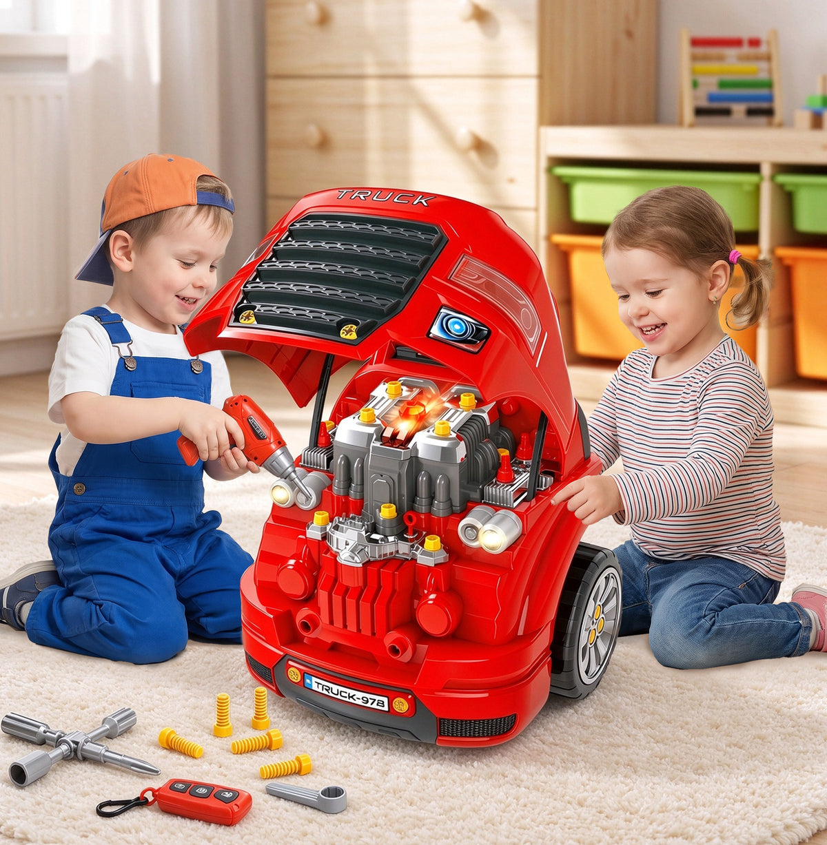 Camion mécano 2 1 - Jouet Bricolage Enfant - Établi - Jeu imitation mécanicien - Nombreux PP ABS Rouge-1