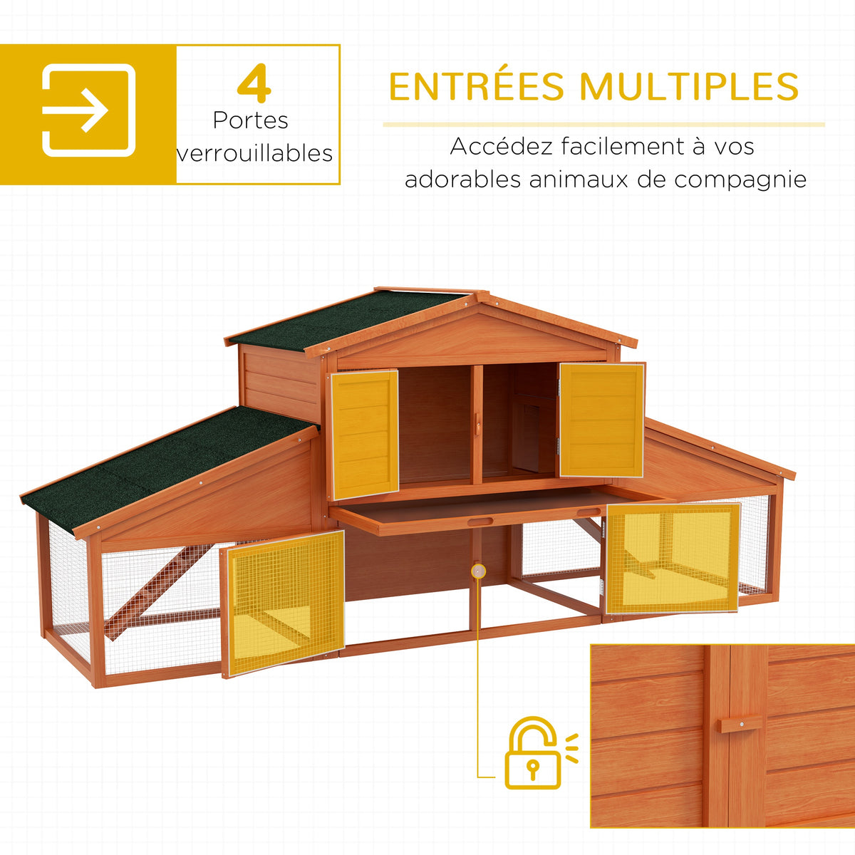 Clapier cage à lapins rongeurs poulailler XXL 2 étages 2 enclos tiroir déjection 2,25L x 0,70l x 1H m bois massif pin-3