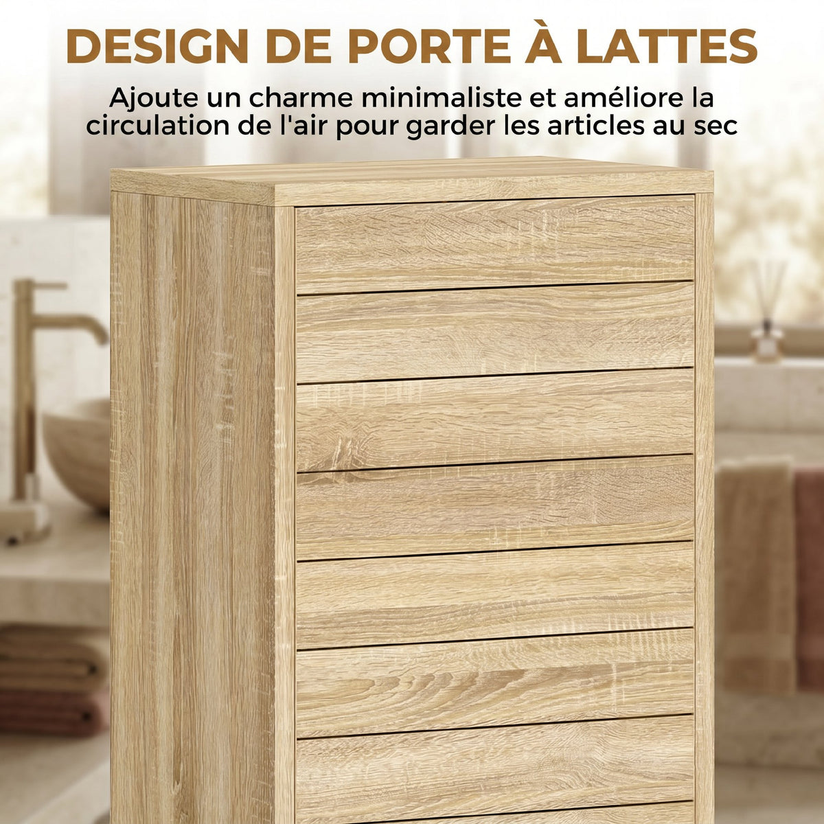 Meuble de Salle de Bain en Bois avec Étagère Réglable et Porte à Lamelles, Ouverture Pression, 34 x 23 x 84 cm, Naturel-3