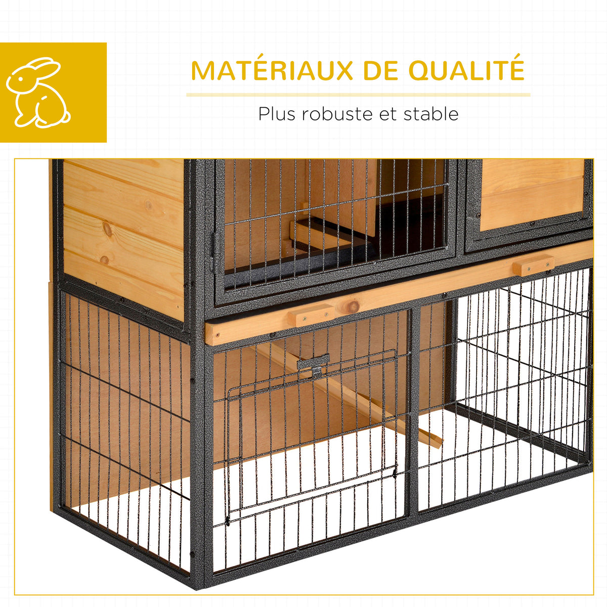 Clapier à lapin cage à lapin 2 niveaux 3 portes verrouillables rampe toit ouvrant bitûmé métal époxy pin pré-huilé-6