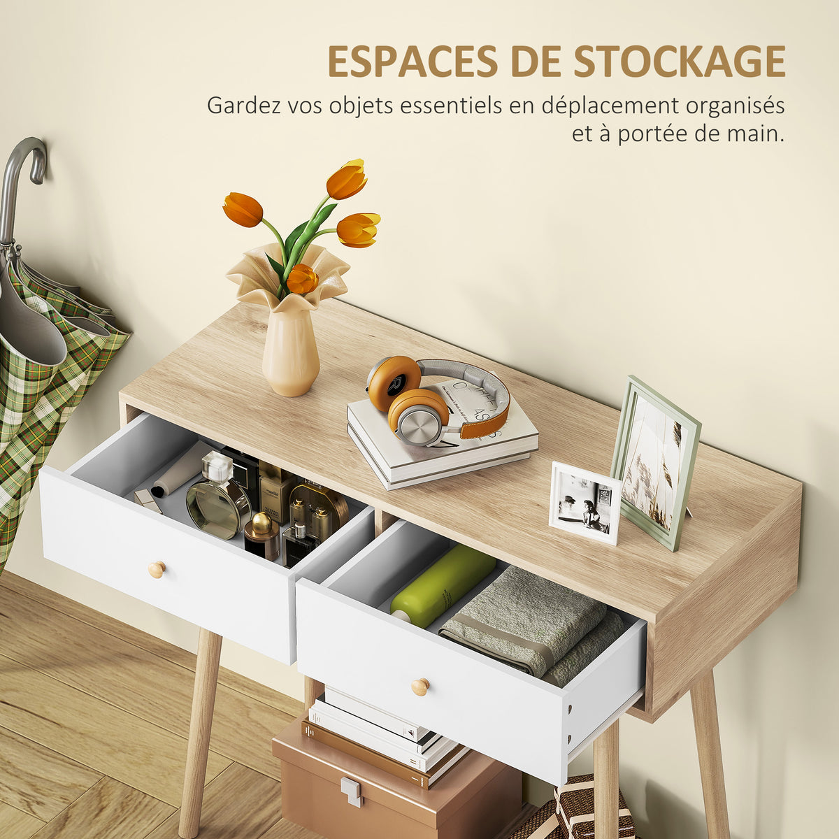Table console avec 2 tiroirs et pieds en bois, pour salon, entrée, couloir, 86 x 35 x 75 cm, chêne et blanc-3