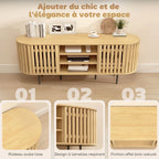 Meuble TV, meuble télé pour téléviseur 60 pouces, 2 portes à lattes, 140x40x52cm, bois naturel-4