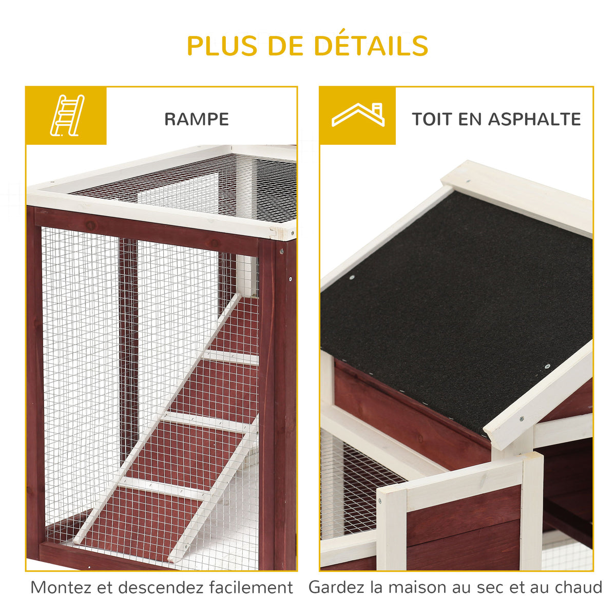 Clapier cage à lapins multi-équipé : niche supérieure avec rampe, plateau excrément, fenêtre + enclos extérieur sécurisé 2 portes 123,5L x 62,6l x 92,5H cm rouge brique-6