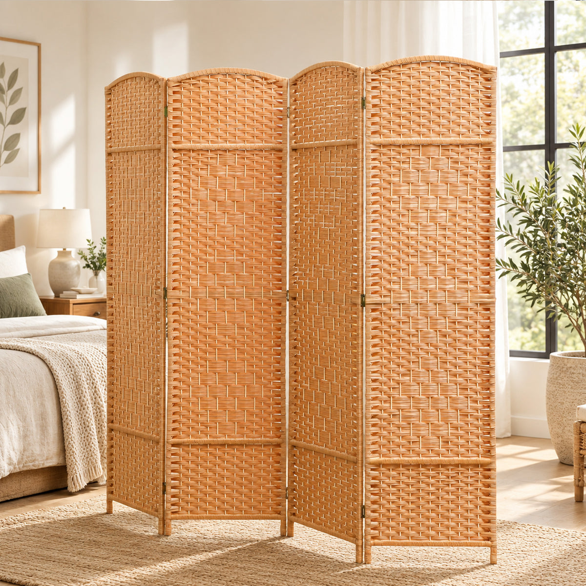 Paravent intérieur en bois 4 panneaux séparateur de pièce pliable pour salon chambre 180 x 180 cm brun clair-8