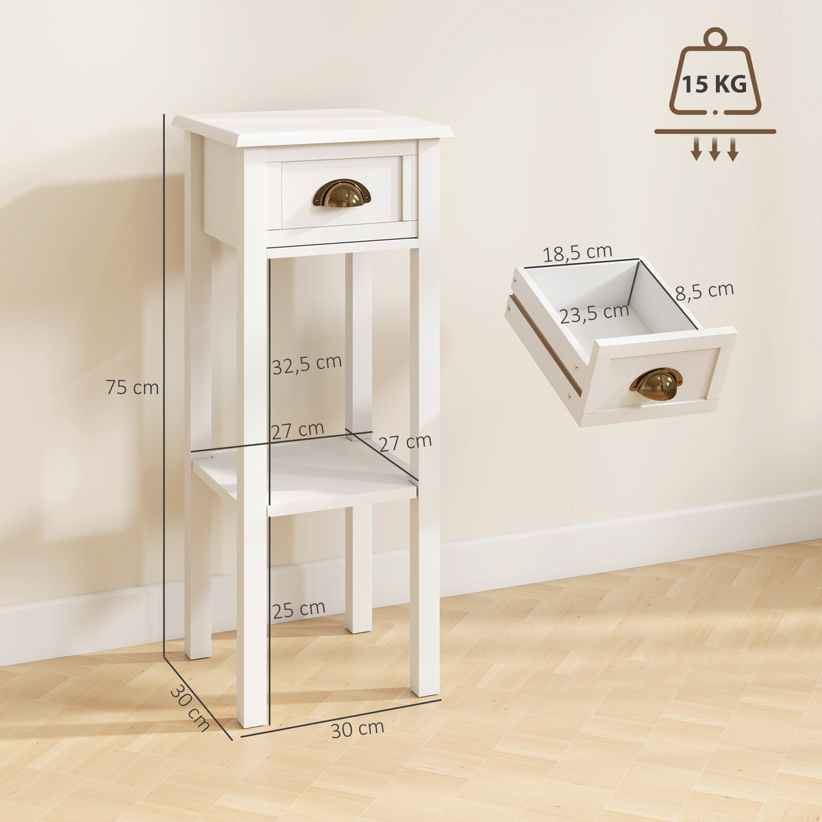 Lot de 2 tables d'appoint Table de Chevet style sophistiqué avec tiroir, étagère inférieure, 30 x 30 x 75 cm, blanc-2