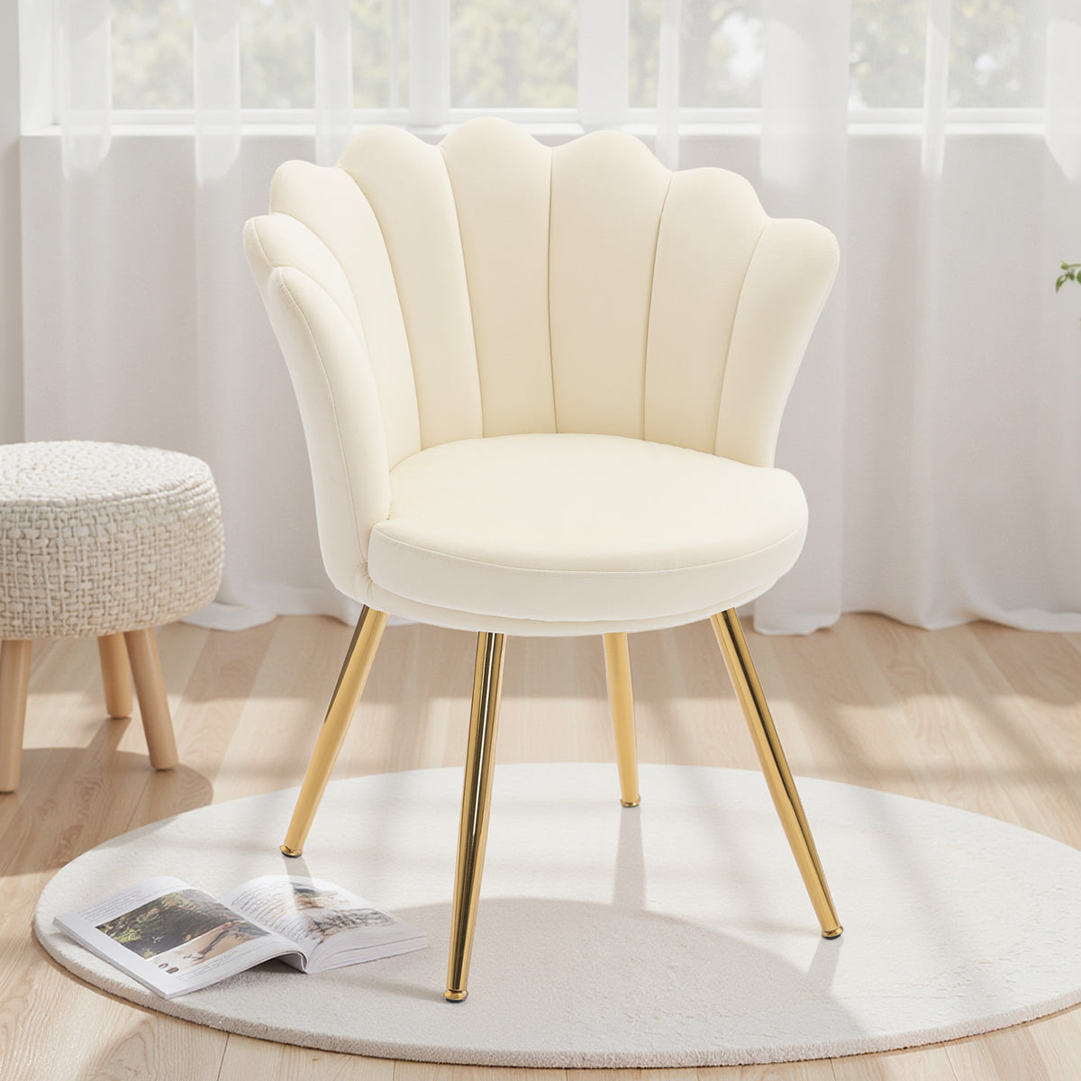 Fauteuil coquillage chaise coiffeuse fauteuil en velours fauteuil de salon avec pieds en métal doré beige-8