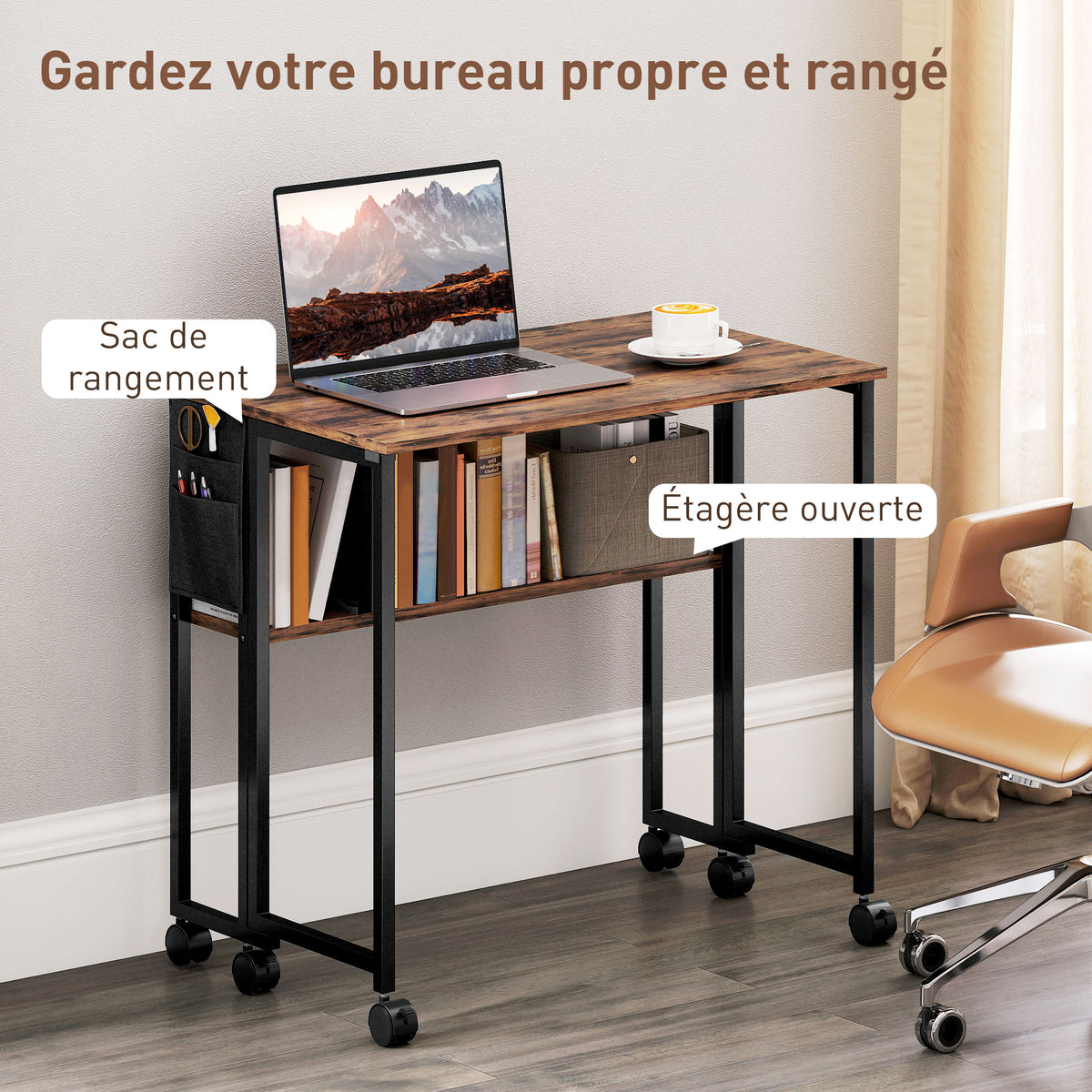 Bureau pliable sur roulettes 80 x 50 cm avec étagère et sac de rangement, brun rustique-4