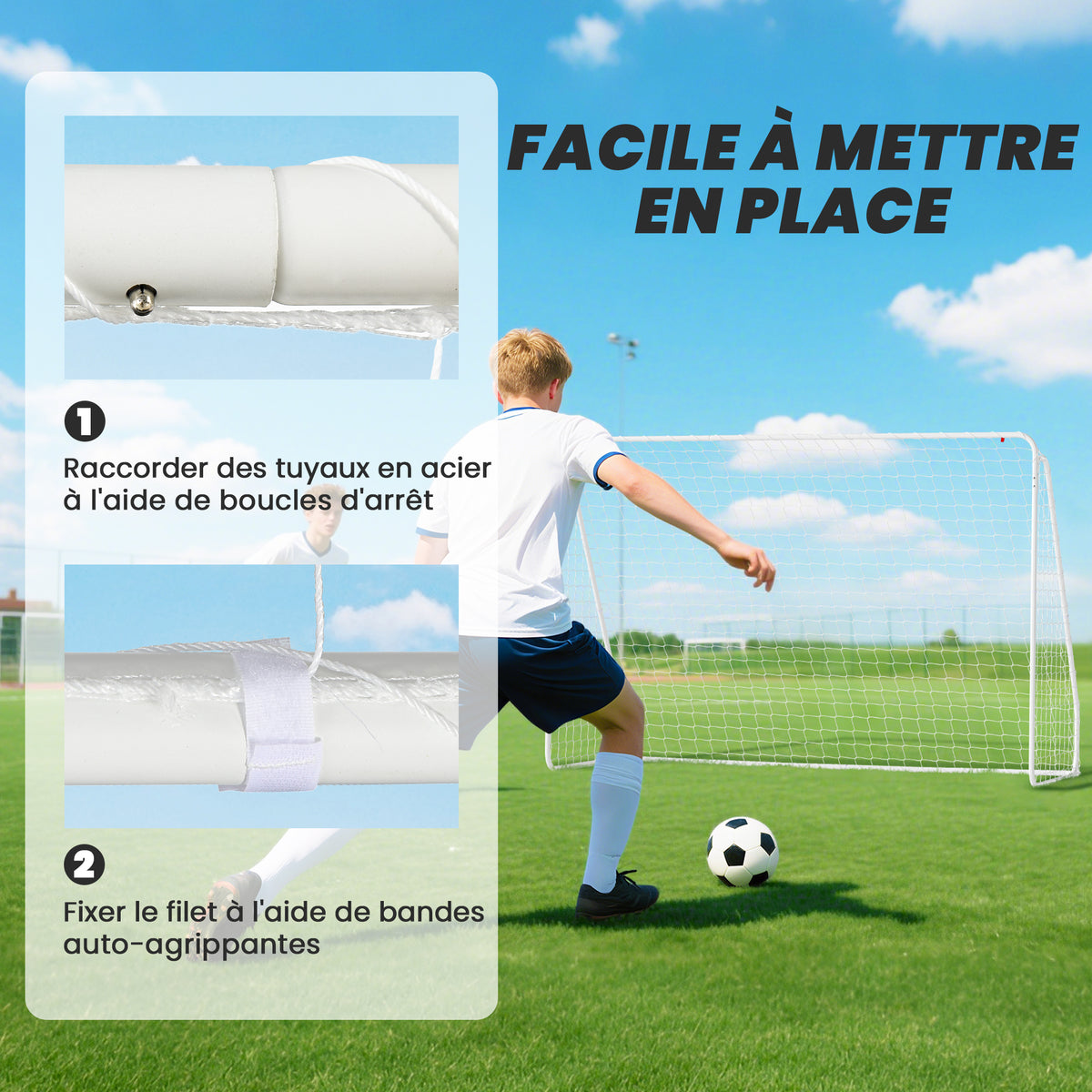 But de football - cage de foot - but d'entrainement dim. 301L x 120l x 200H cm - châssis métal époxy filet PE - piquets inclus - blanc-3