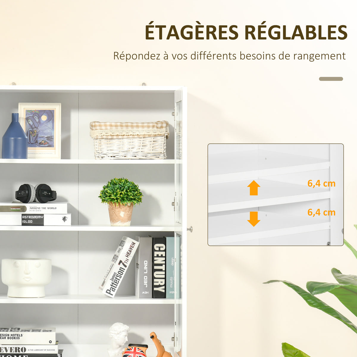 Bibliothèque Vitrine, Meuble de Rangement à 6 Niveaux avec 4 Portes dont 2 en Verre Trempé, Étagères Réglables, Style Moderne, pour Salon, Bureau, Chambre, 76 x 40 x 178,5 cm, Blanc-4