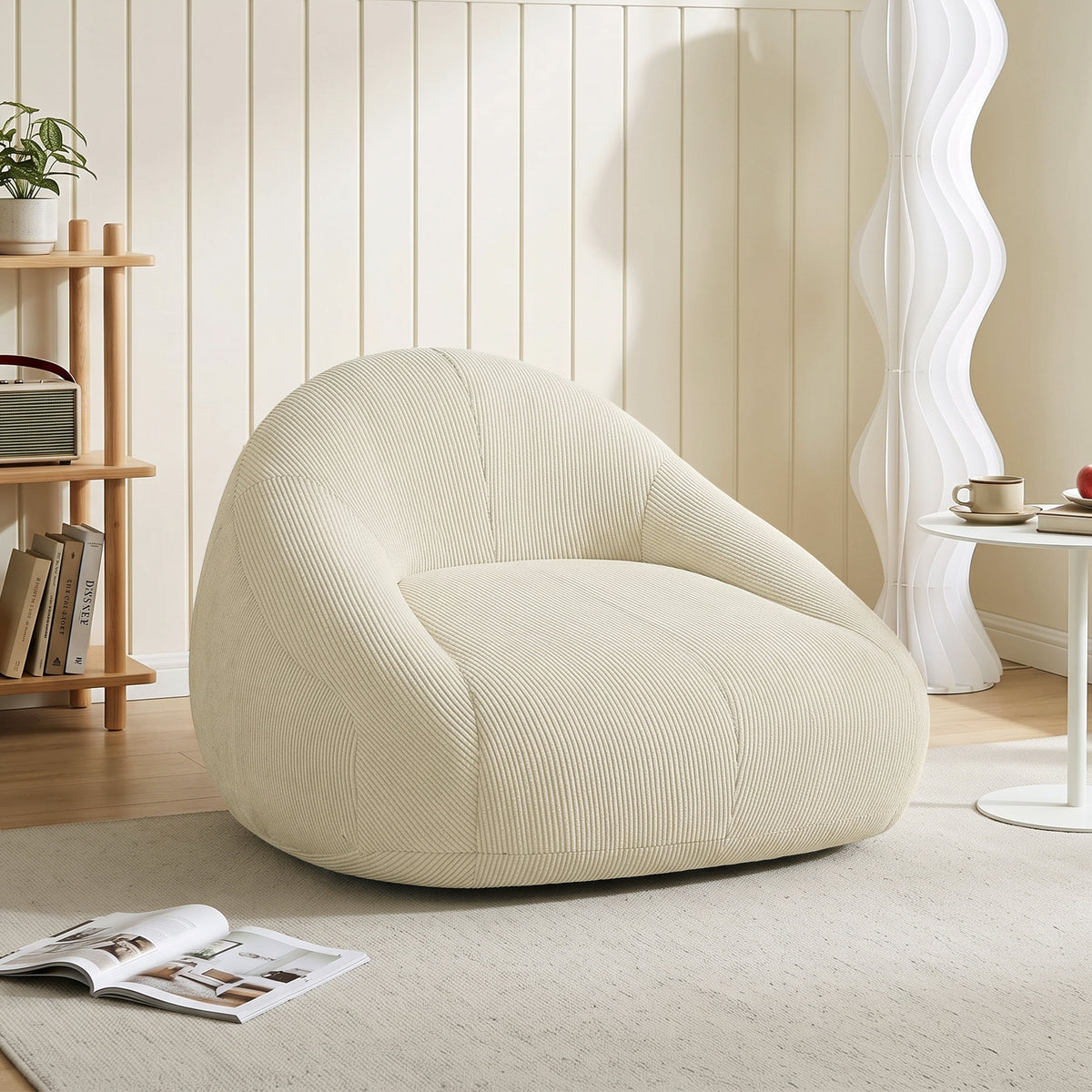 Pouf pour Adultes en Velours Côtelé, Rembourré en Mousse, Forme Enveloppante, Sans Montage, 114x121x60cm, Crème-1