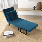 Fauteuil convertible 3 en 1 lit 1 place dossier 5 positions, accoudoirs en bois et coussin, tissu effet velours, bleu-9