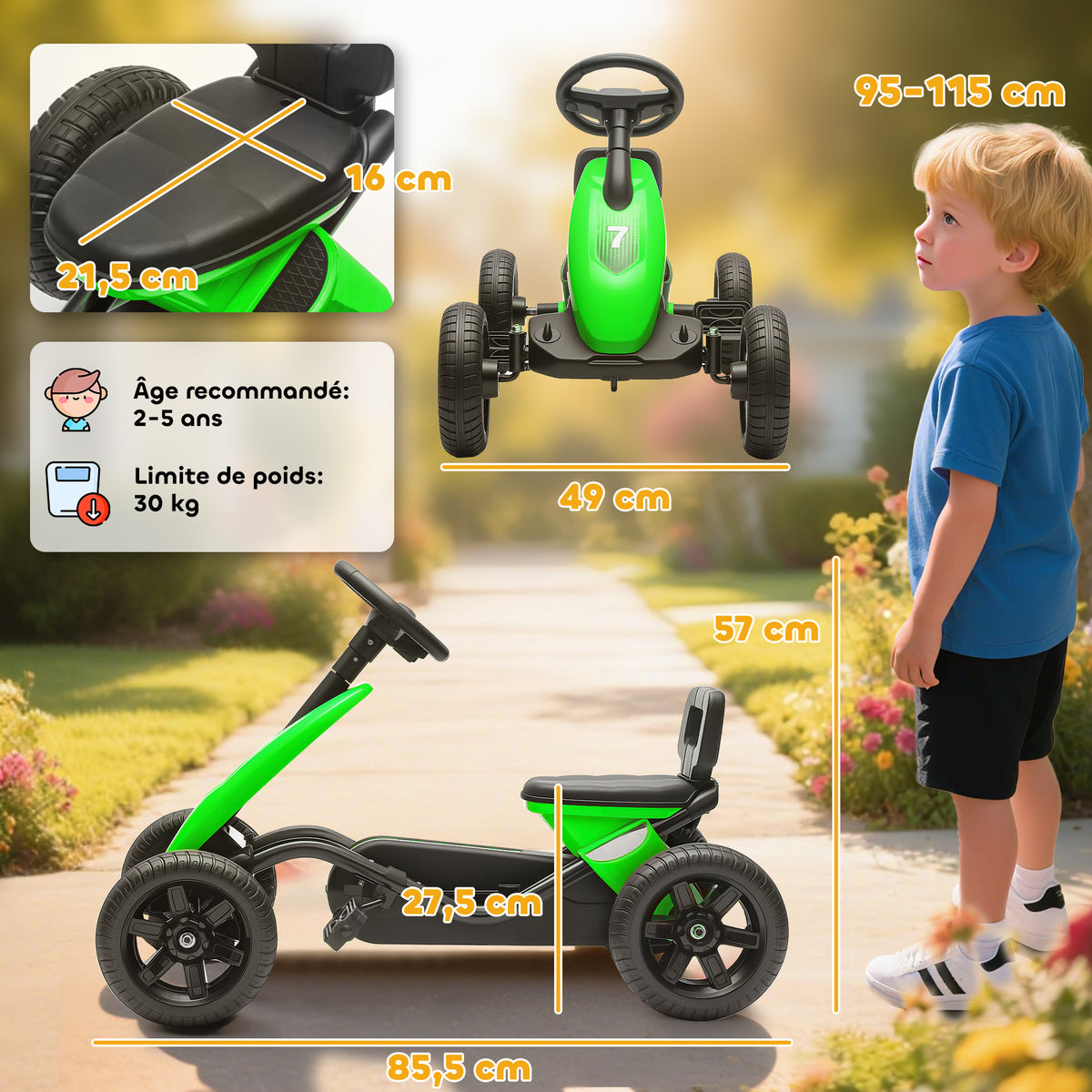 Kart à pédales pour enfants, karting enfant de 2 à 5 ans avec roues EVA silencieux, avancer et reculer, vert-2