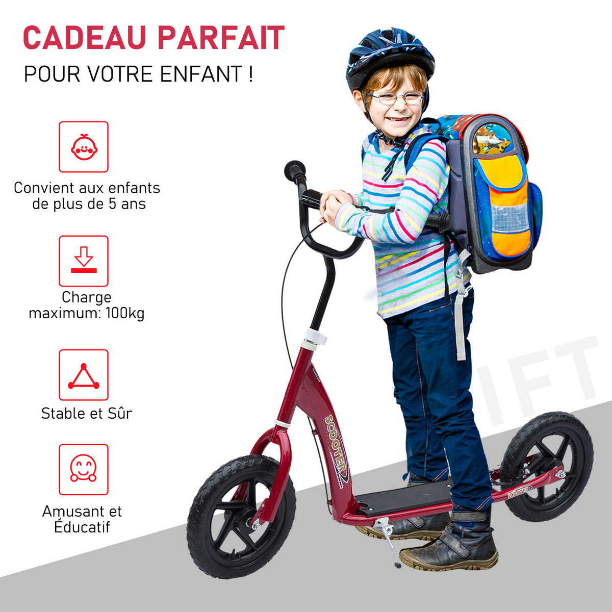 Trottinette enfant patinette pneus 30 cm Hauteur Guidon réglable poignée Frein et béquille Acier pour enfants à partir de 5 ans Rouge-3
